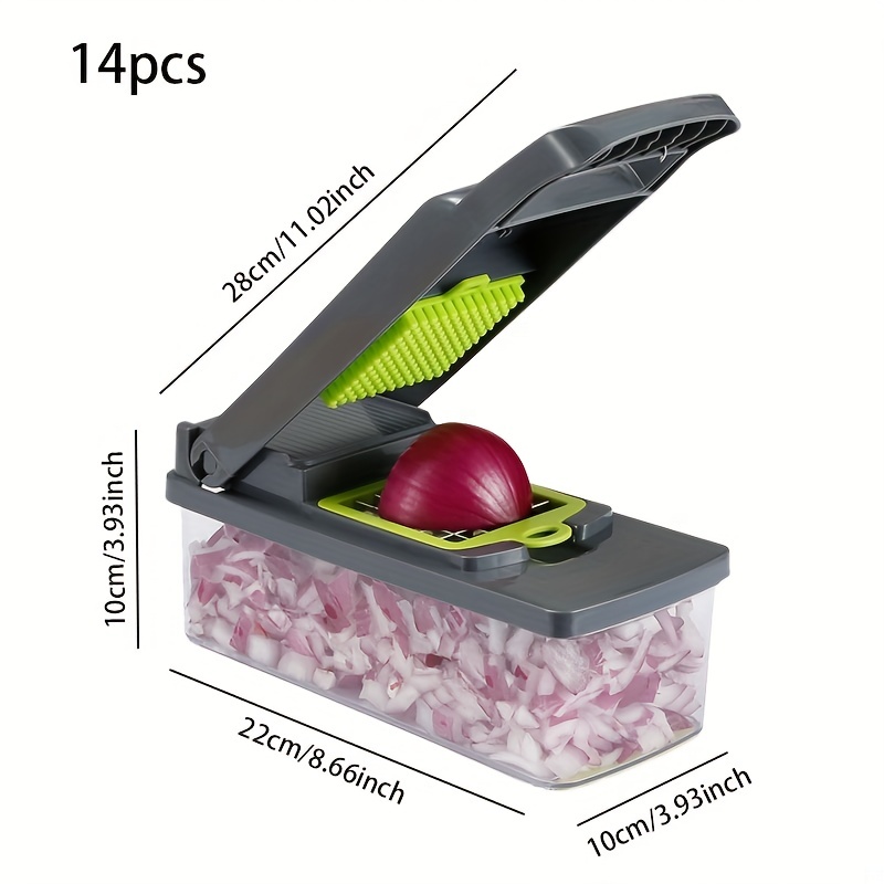 Cortador de verduras 16 en 1 con picador de especias, juego de 7 cuchillas,  cortador de frutas de cebolla (juego gris)