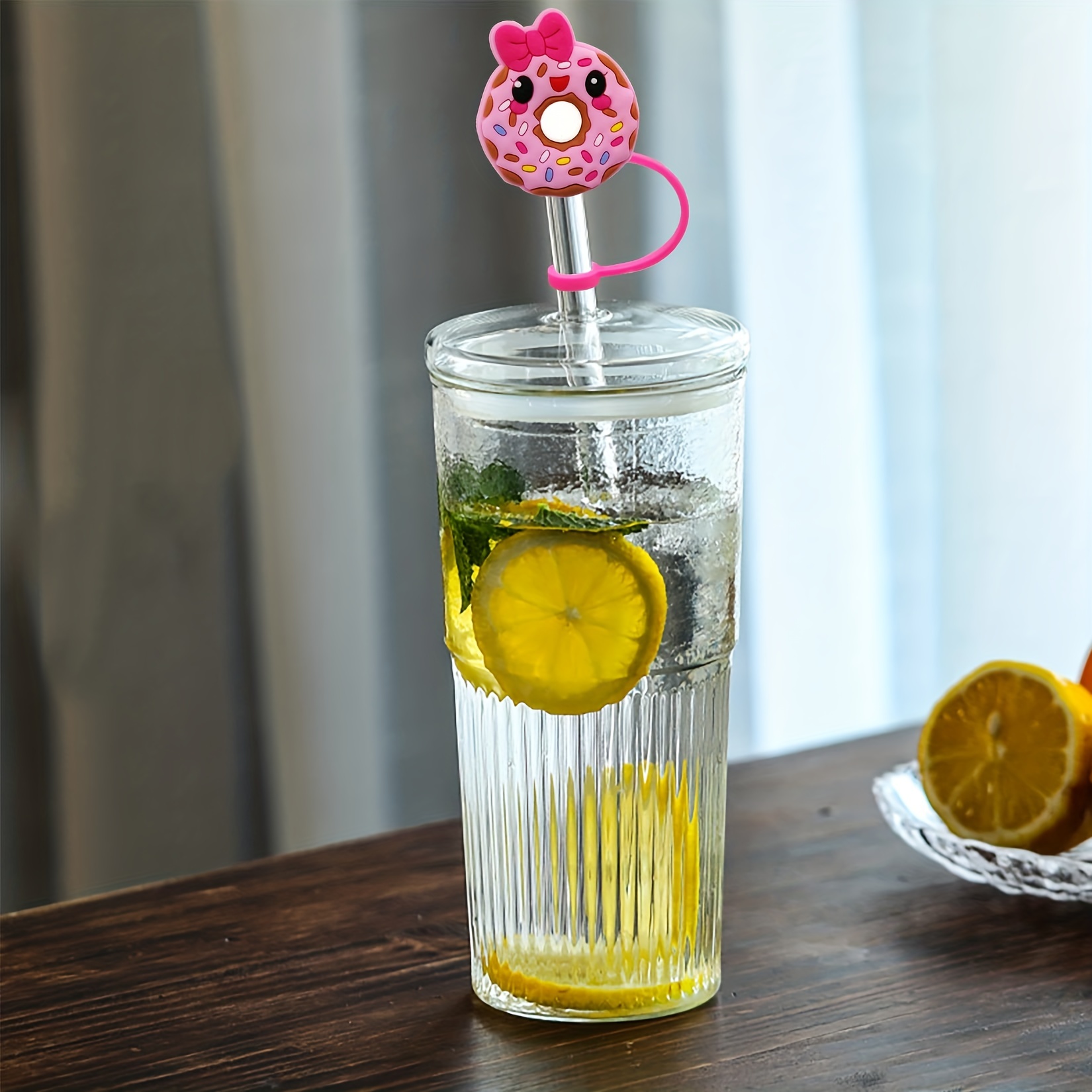 Cute Donut Straw Tips Cover - Reusable Silicone Aniame Drinking Straw Topper