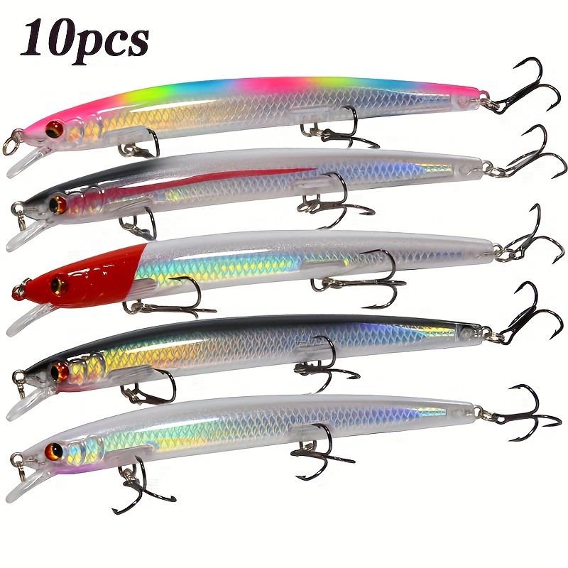 10pcs Minnow Fishing Lure Laser Floating Artificial Bait 3D Eyes 5.39inch  14g Fishing Wobblers Diving 11.81-39.37inchTrout Pike Carp Fishing