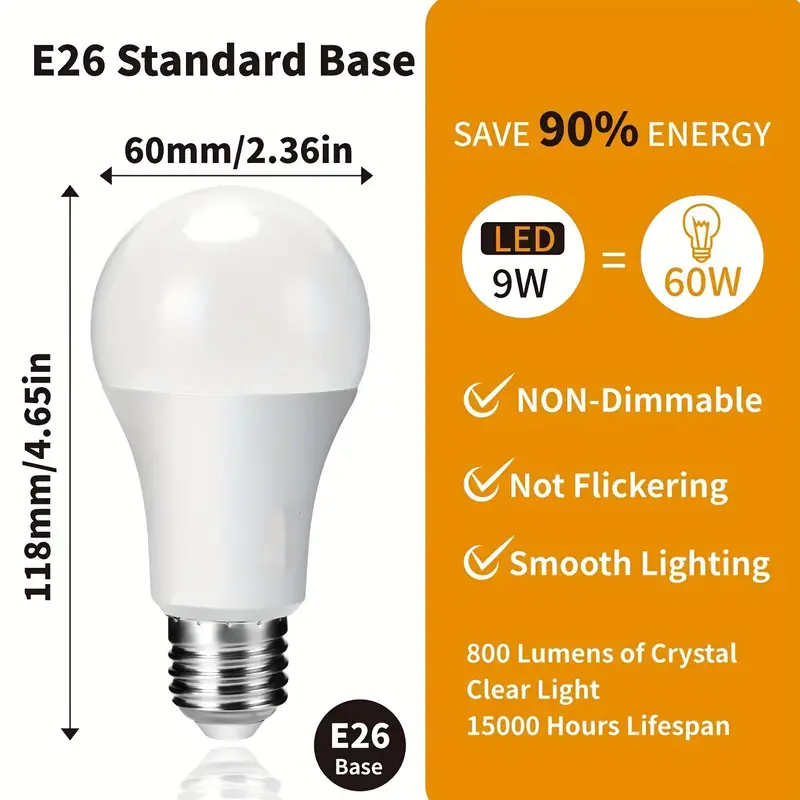 4pcs A19 LED Light Bulbs 60W Equivalent 800 Lumens CRI 90 Daylight 5000K Warmwhite 3000K E26 Standard Base Non dimmable AC 120V Light Bulbs For Home Office