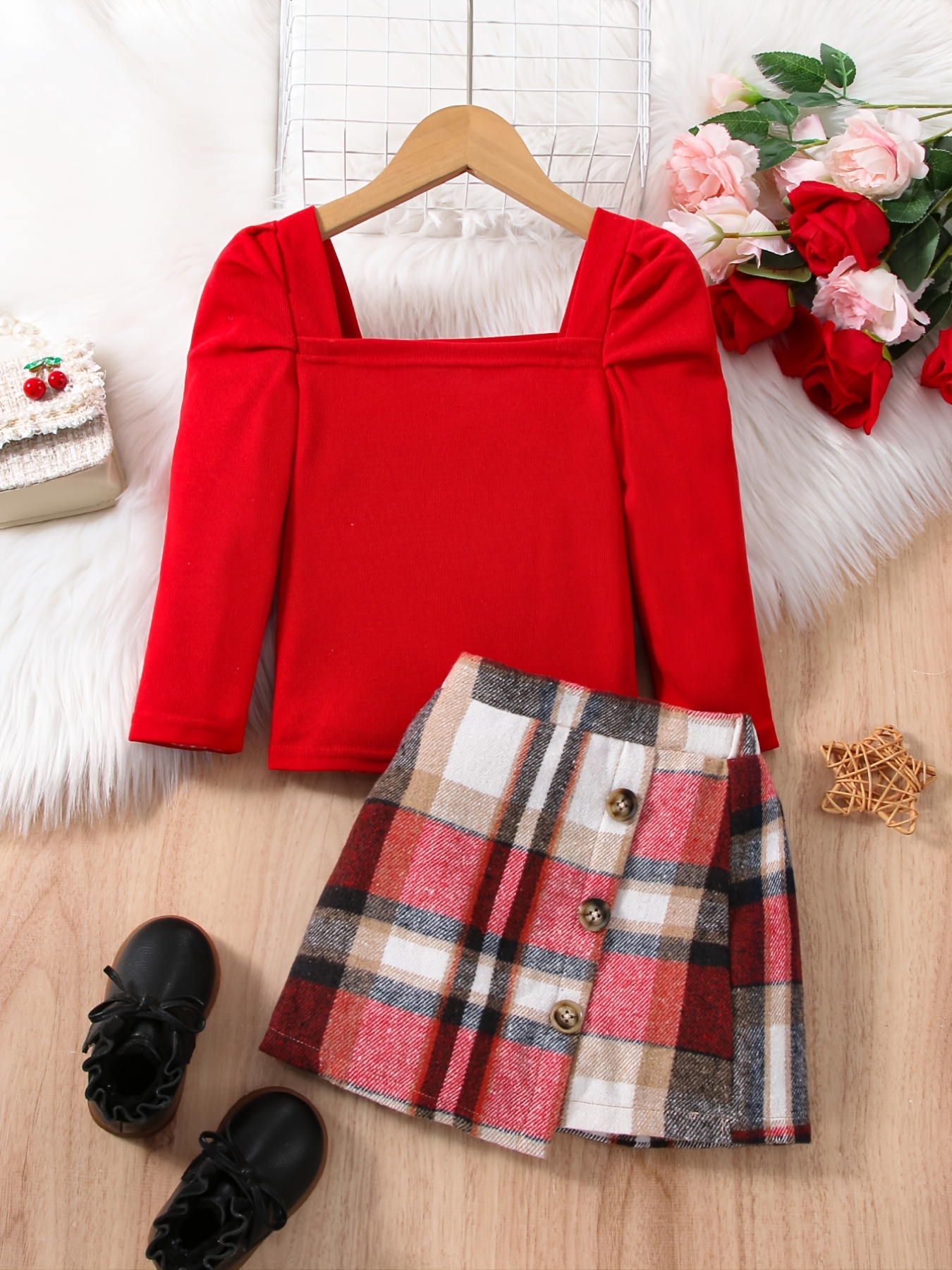 Conjunto de falda elegante y linda para niñas con blusa de manga abullonada  roja y falda a cuadros para la fiesta de Navidad de invierno