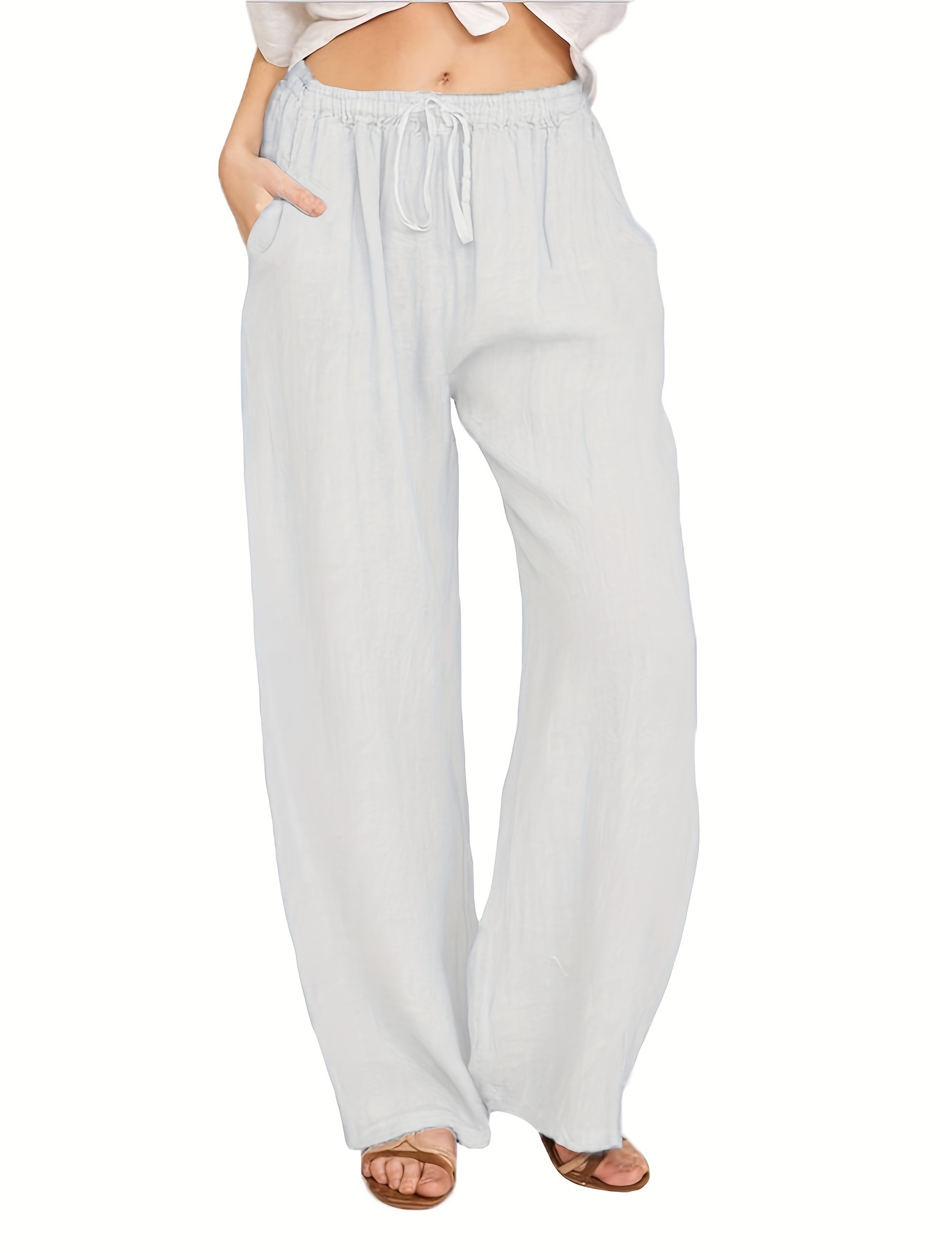 Women's Casual Loose High Waist Linen Pants Drawstring Wide - Temu