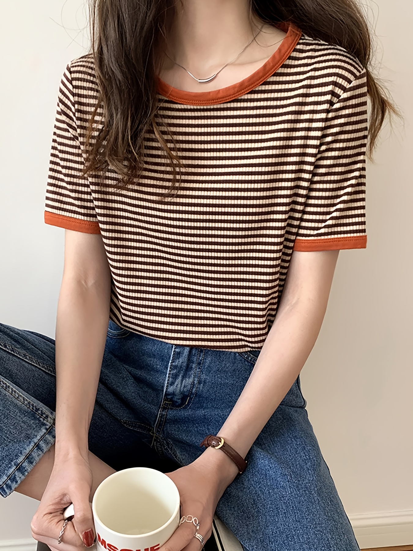 Mossimo Women's Striped Short Sleeve Drapey Flowy T-Shirt with Neck De –  Biggybargains