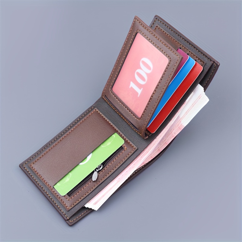 

Pu Leather Short Wallet Card Holder For Men, With 6 Card Slots + Id/ Photo Holder + Zipper Pocket