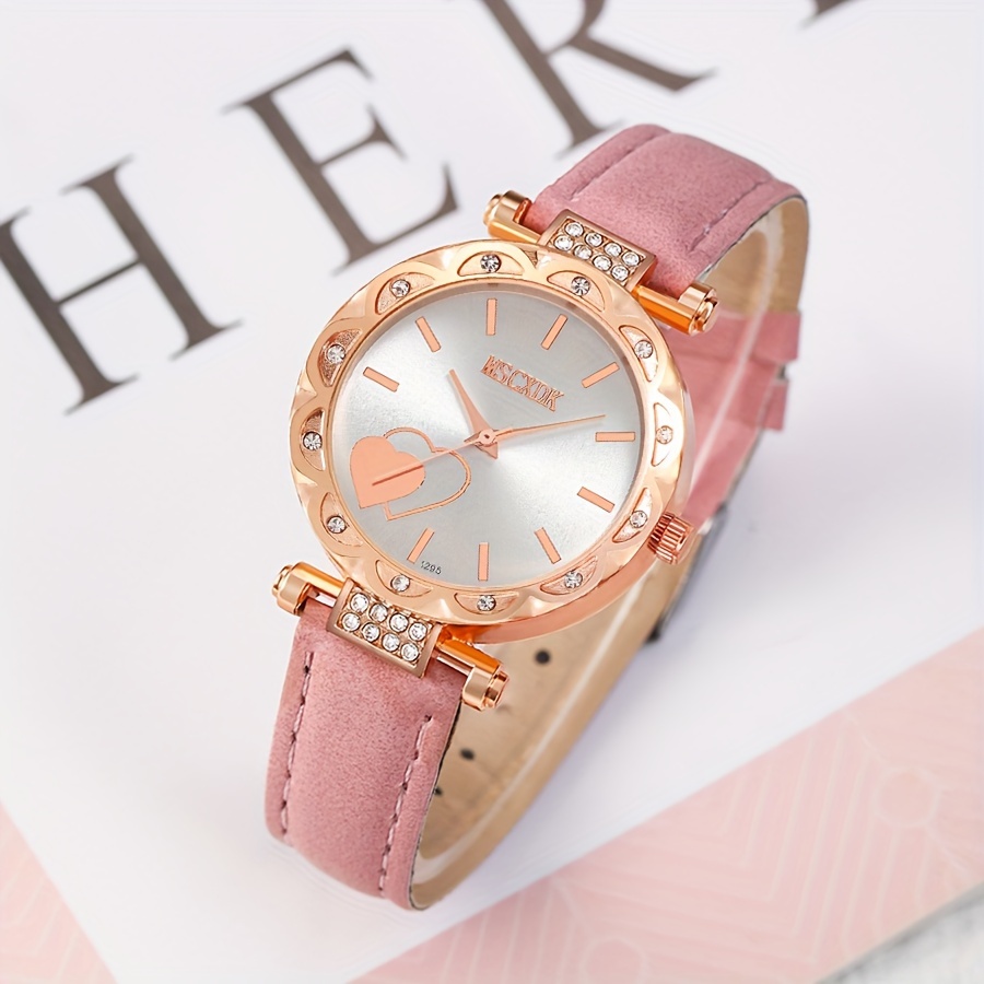 6つセットのピンクのハート型の輝石入りクォーツ腕時計アナログPUレザー腕時計＆蝶のジュエリーセット 女性へのギフト - Temu Japan