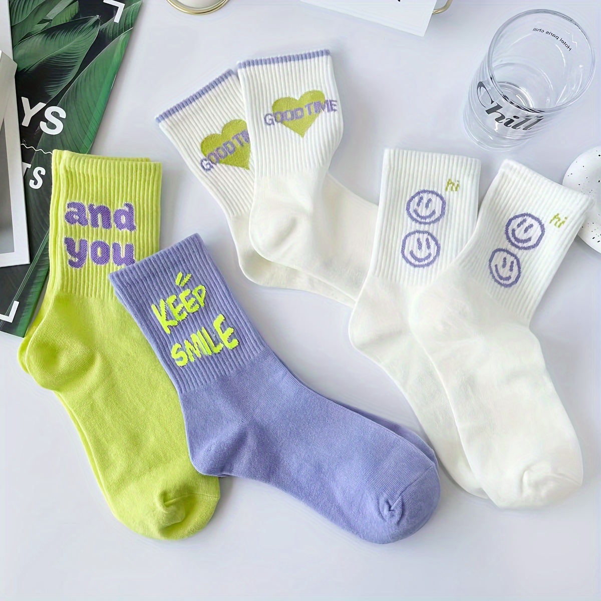 

4 Pairs Letter Graphic Socks, Trendy & Sports Mid Tube Socks, Women's Stockings & Hosiery