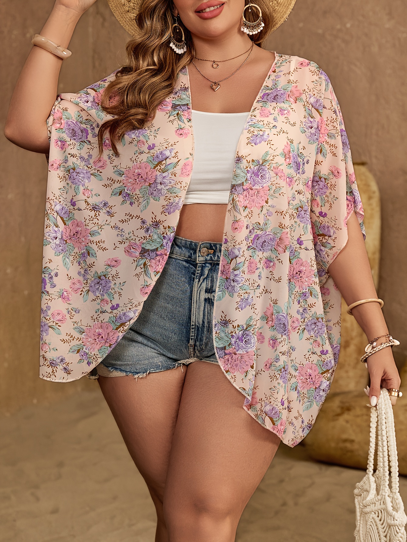 womens vintage style kimono plus size ditsy floral print open front half sleeve chiffon beach cover up