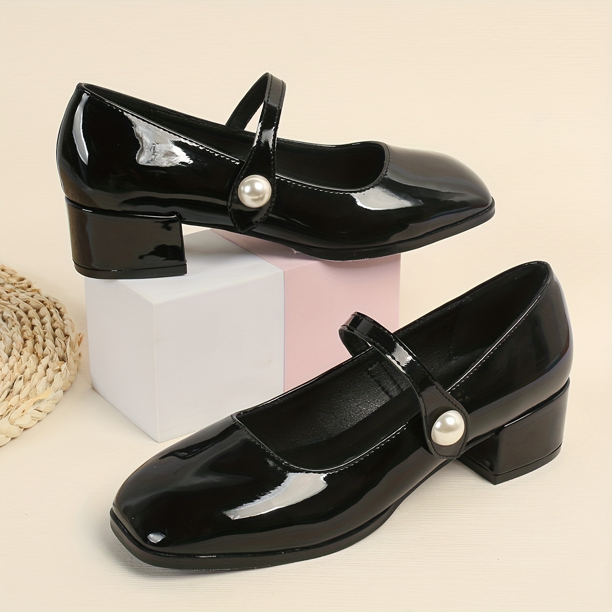 Solid Patent Leather Round Toe Shoes, Women's Block Heel Faux Pearl Strap Black & White Slip on Low Shoes,Temu