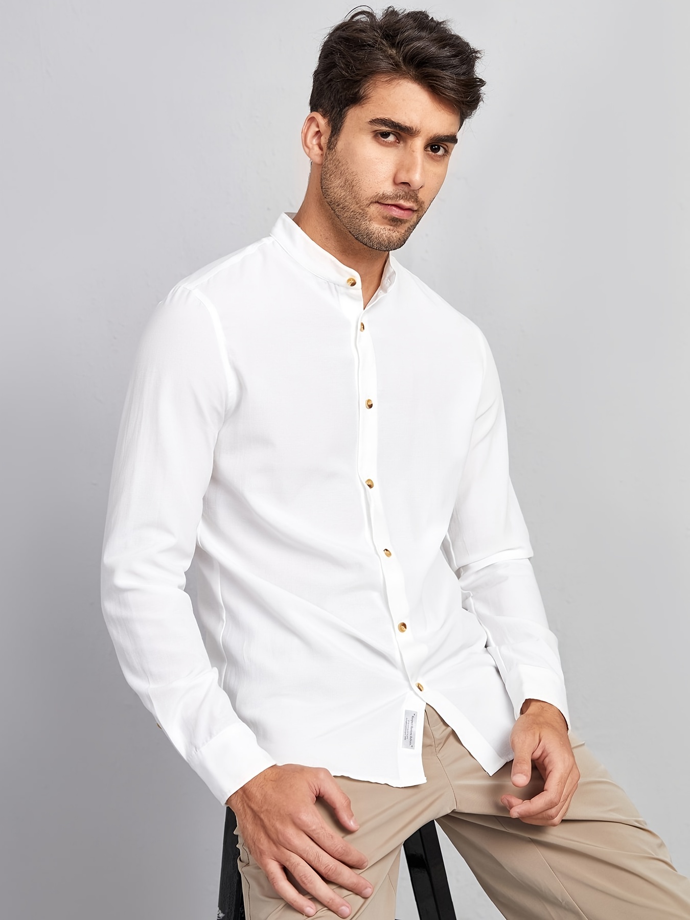 Men Japanese Casual Loose Cotton Linen 3/4 Sleeve Shirt Stand Collar Blouse  Top
