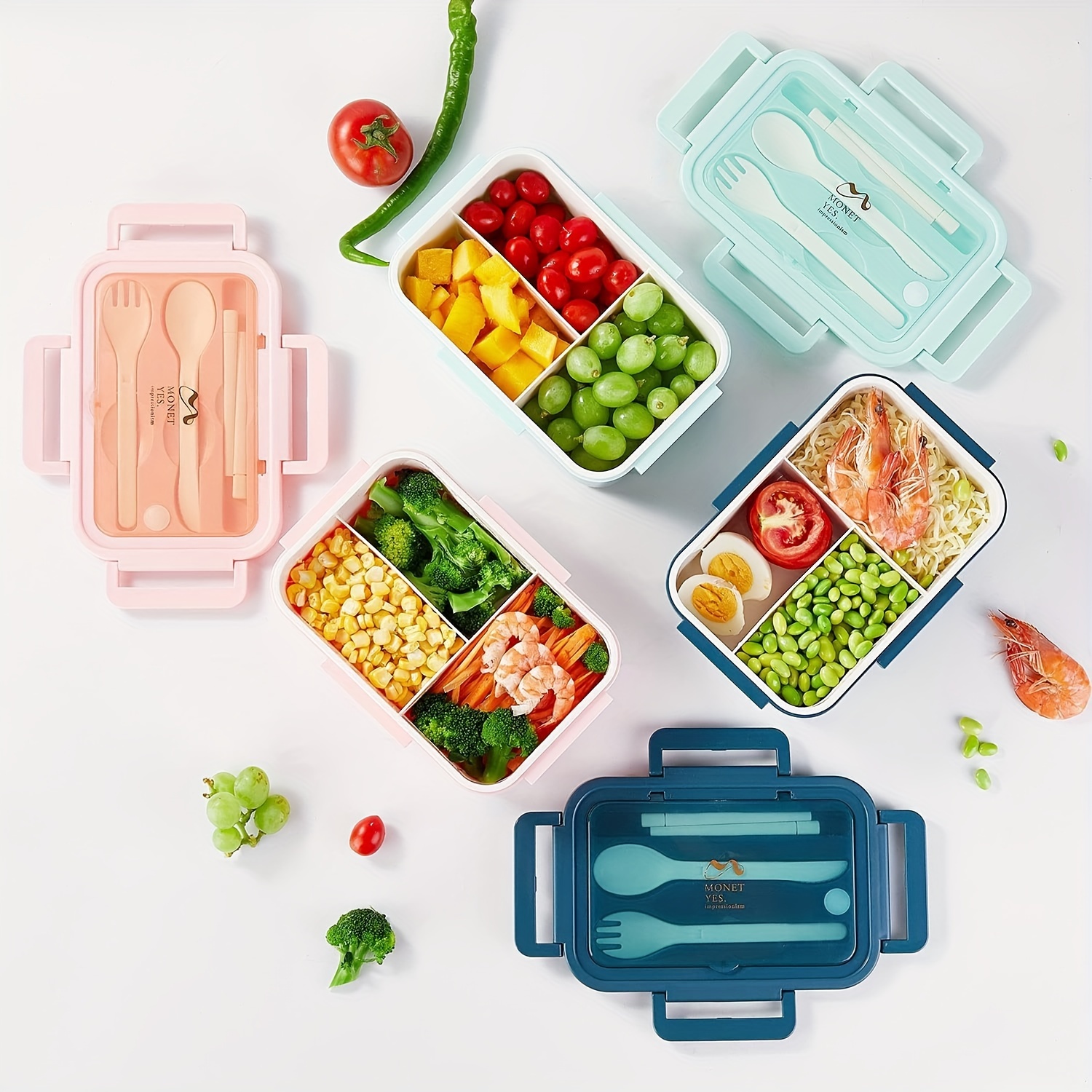 Multi-color Washable Square Lunch Box With Spoon And Fork