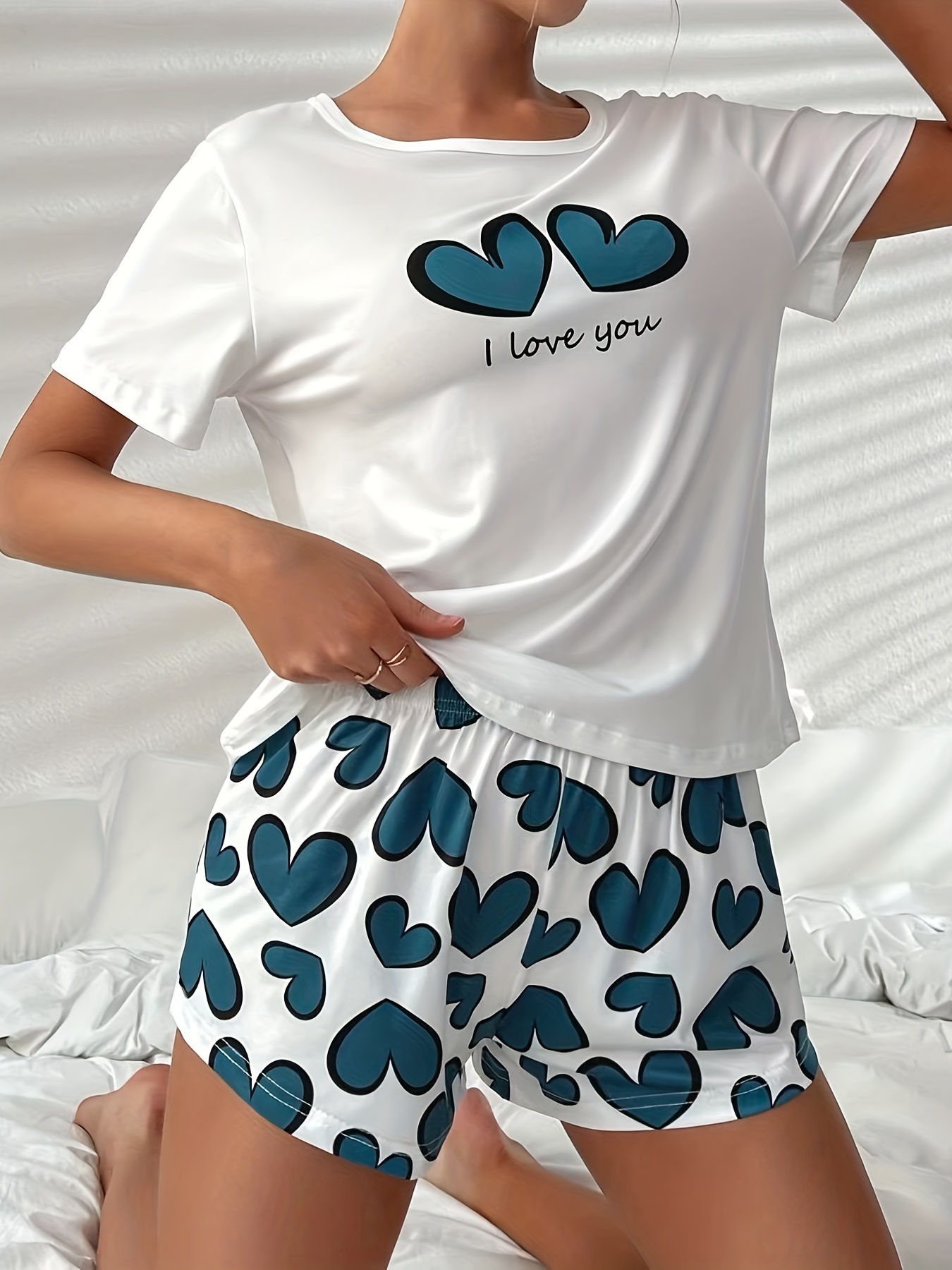 Heart Embroidery Pajama Set Short Sleeve Buttons Top Elastic - Temu