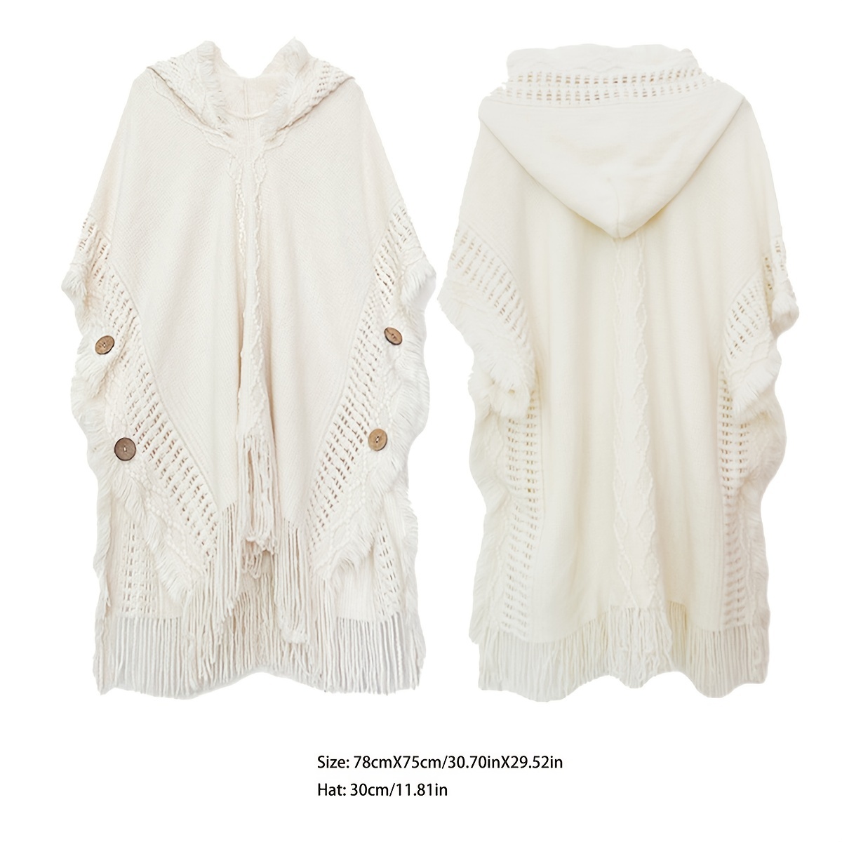 Knitted Sweater Button Hooded Cape Shawl Elegant Solid Color - Temu