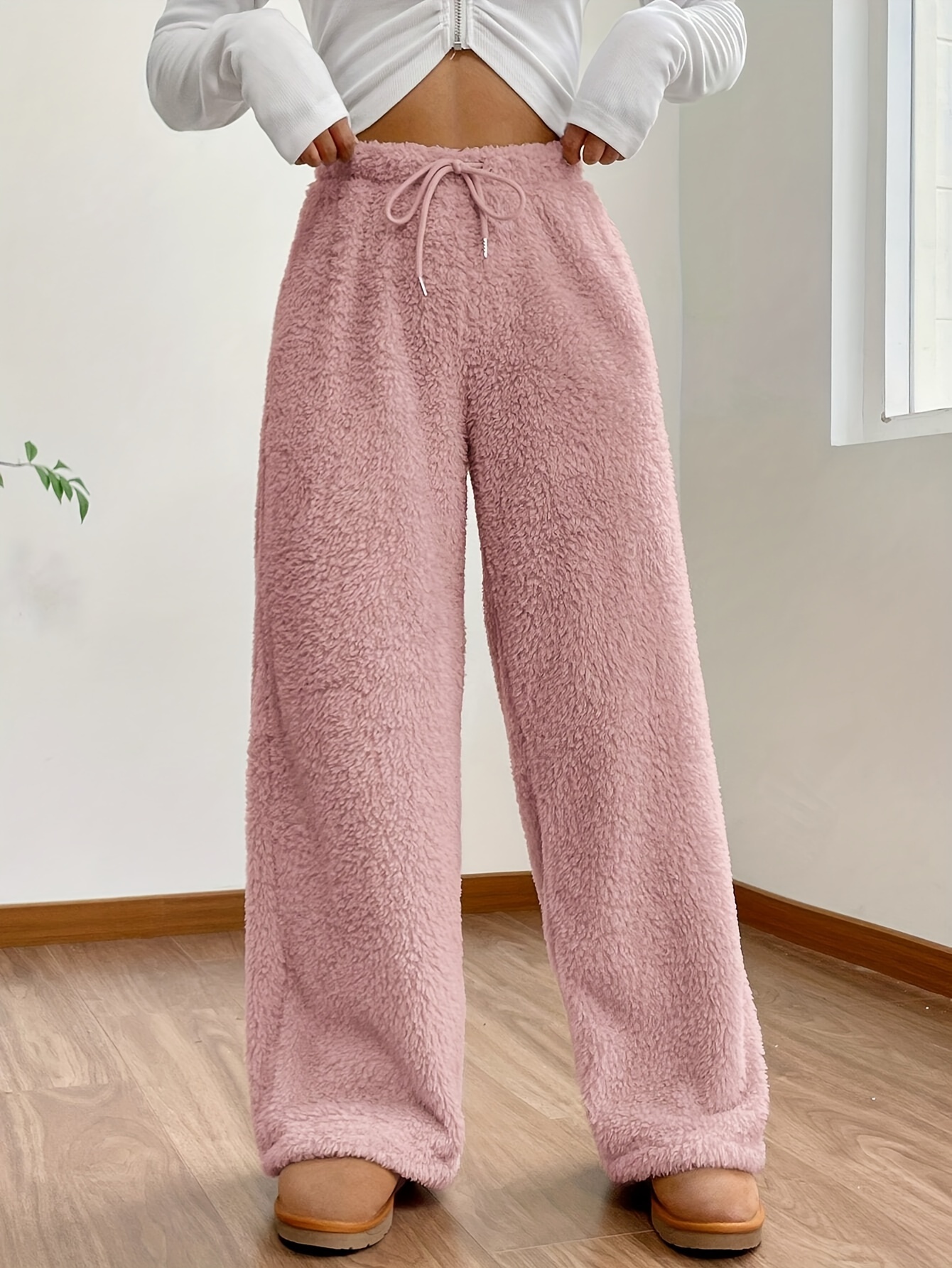 Fuzzy Pants for Women Elastic High Waist Plush Fluffy Wide Leg