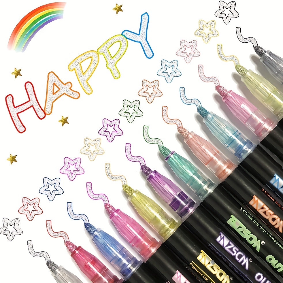 Shimmer Markers Outline Double Line: 24 Colors Glitter Metallic Pen Set  Super Squiggles Sparkle Cool Fun Fancy Self Sparkly Kids Age 4 8 10 12 Girl