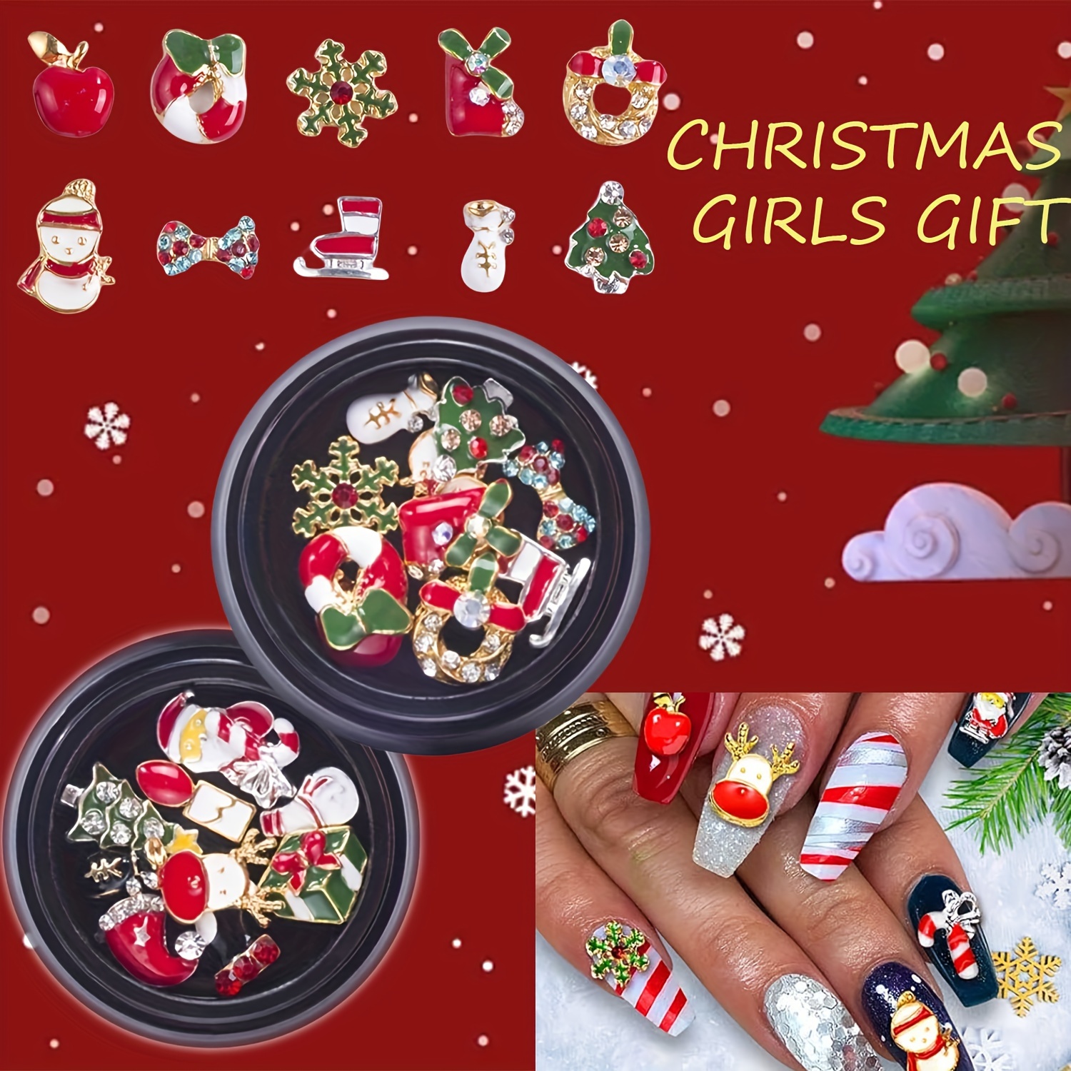 JNANEEI 3D Nail Art Rhinestone Nail Gems Santa Reindeer Snowman Nail Art  Decorations Metal Nail Art Studs Christmas Nail Jewelry 