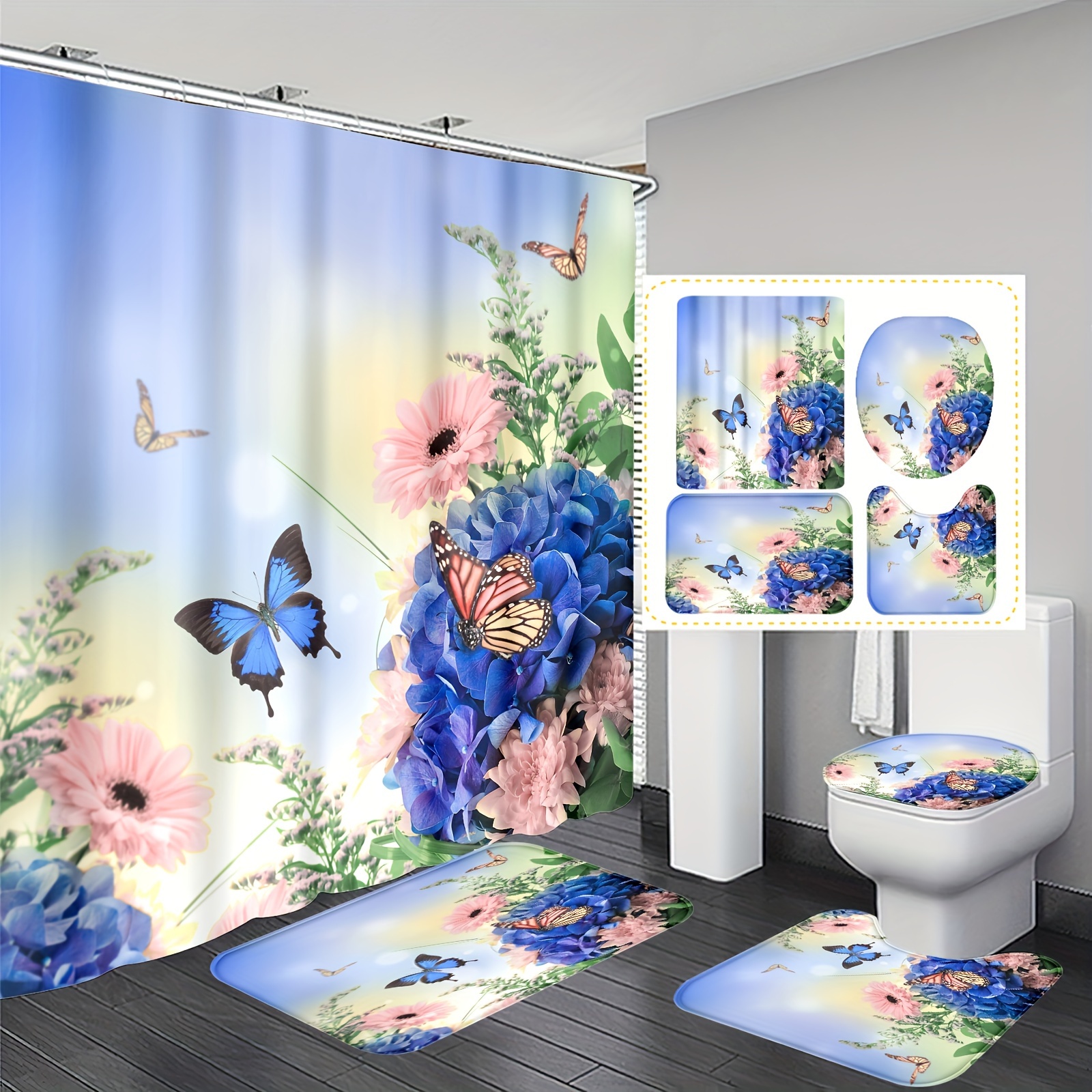 1pc Tenda Doccia Motivo Fiori E Vasca Bagno 12 Ganci Tappeto - Temu Italy