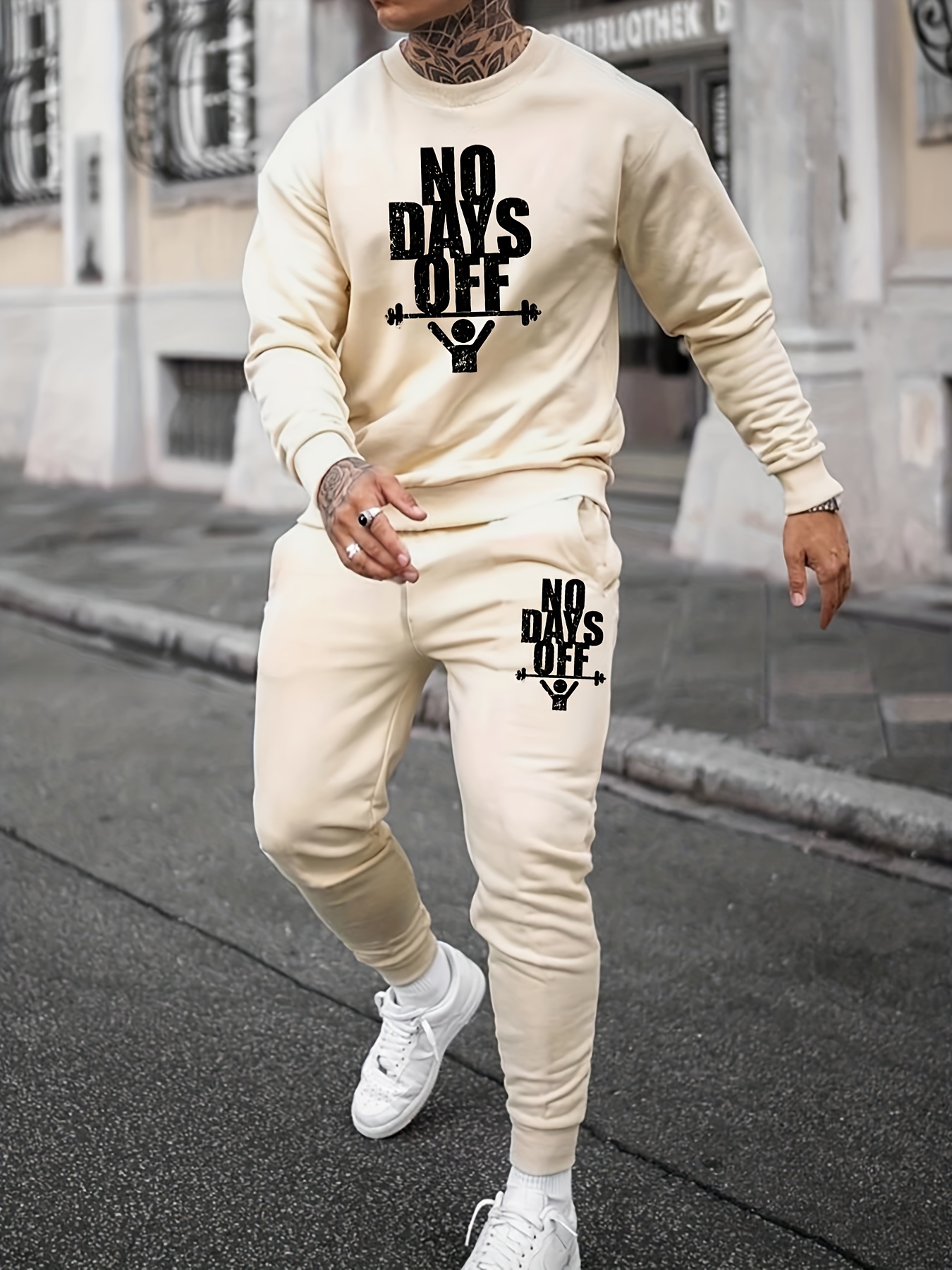 No Days Print Men's Outfits Casual Crew Neck Long Sleeve - Temu