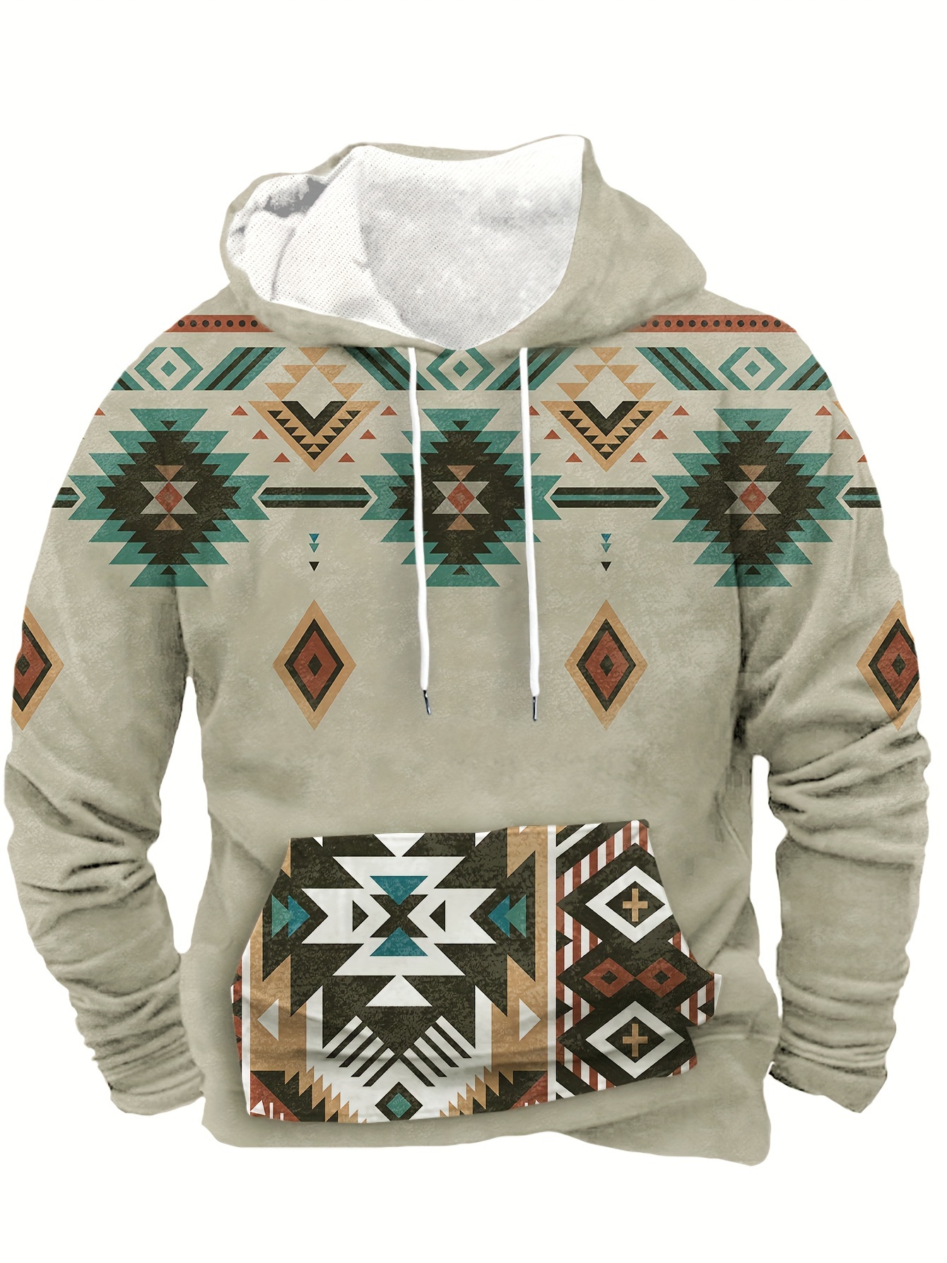 Mens Aztec Print Hoodies Autumn and Winter Pullover Loose Casual Drawstring  Sweatshirts with Pocket