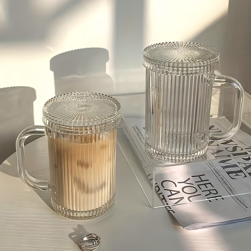 375ml Simple Stripe Glass Cup With Lid And Straw Transparent Bubble Tea Cup  Juic