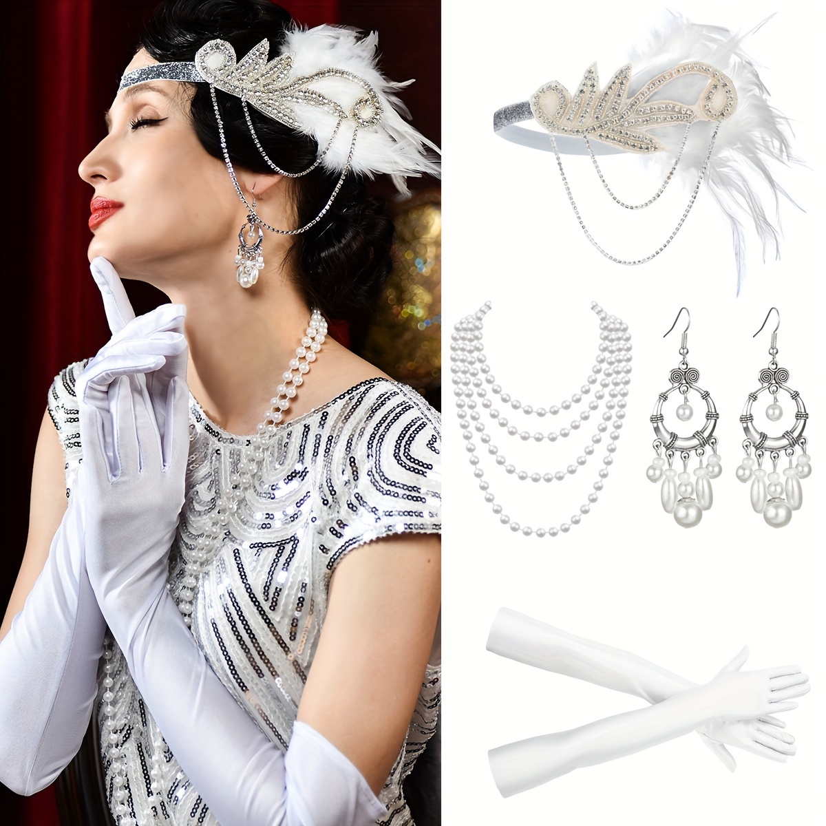 VIKSAUN 5 Pcs 1920s Accessoires, Femme Gatsby Accessoires, Accesoire Annee  20, 1920 Charleston Femme Costume, 20s Flapper Headpiece Charleston  Déguisements Accessoires Bandeau en Plumes (5 Pcs) : : Mode