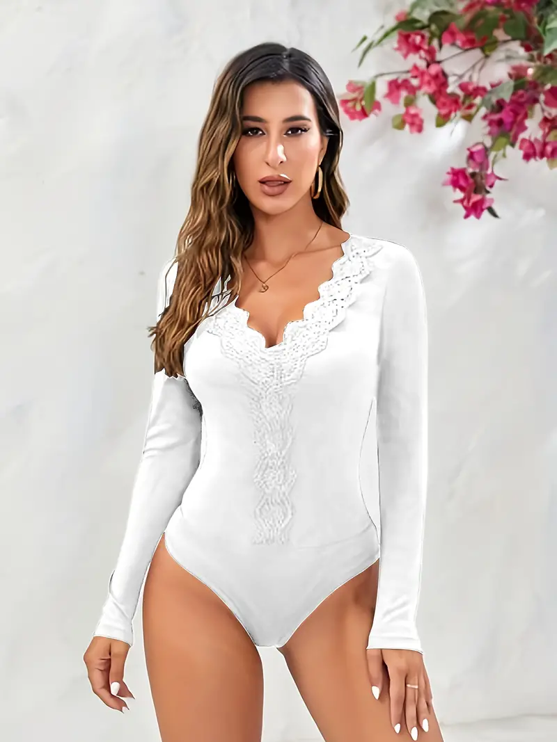 Leyerer Bodysuit for Women Solid Color Long Sleeve Bodysuit Deep V Neck  Sexy Body Suit Tops Low Cut Bodycon Jumpsuit at  Women's Clothing  store