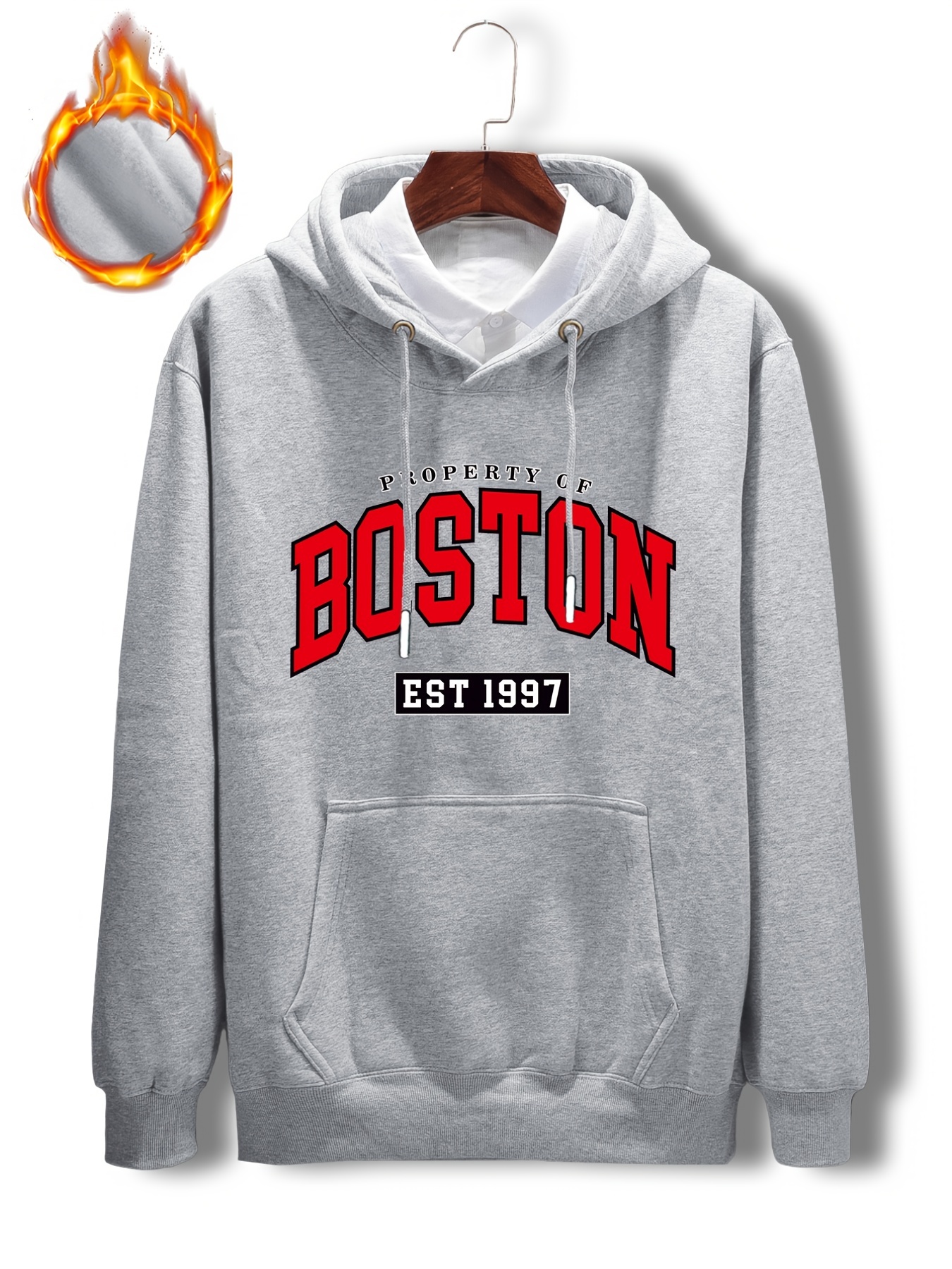 Men's Plus Size 'BOSTON' Print Plain Color Warm Fleece Drawstring Long  Sleeve Hoodie, Thick Thermal Oversize Casual Clothing For Autumn Winter,  For