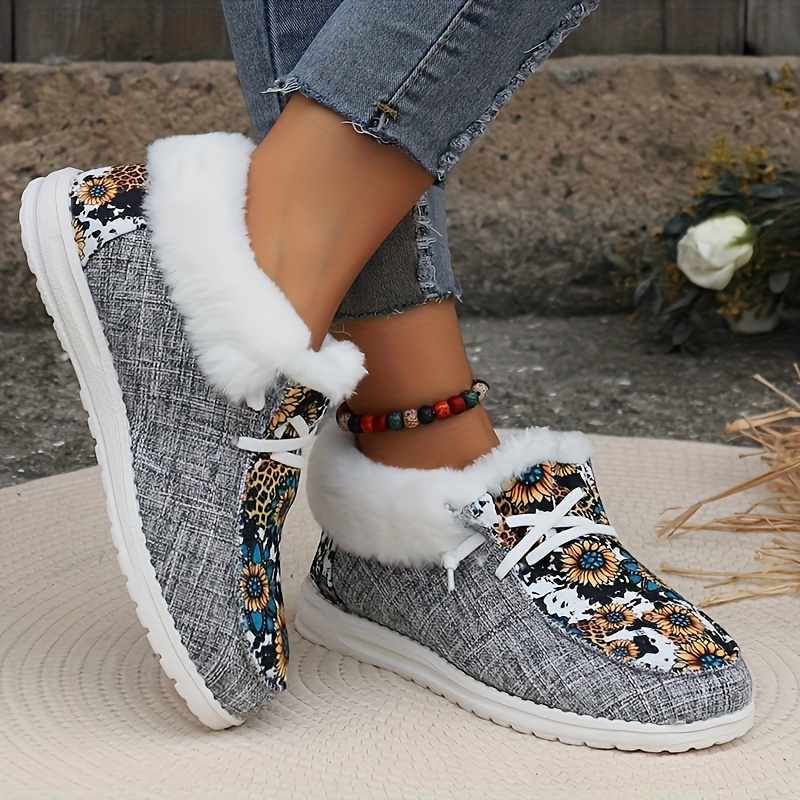 Women's Fluffy Plush Lined Canvas Shoes Winter Warm Slip Low - Temu ...