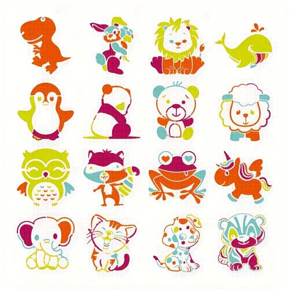 16pcs Cute Animal Stencils, 5.1 Inch Reusable Panda Bear Dinosaur Elephant  Rabbit Lion Stencil Template With Metal Open Ring, Sheep Tiger Cat Dog Art