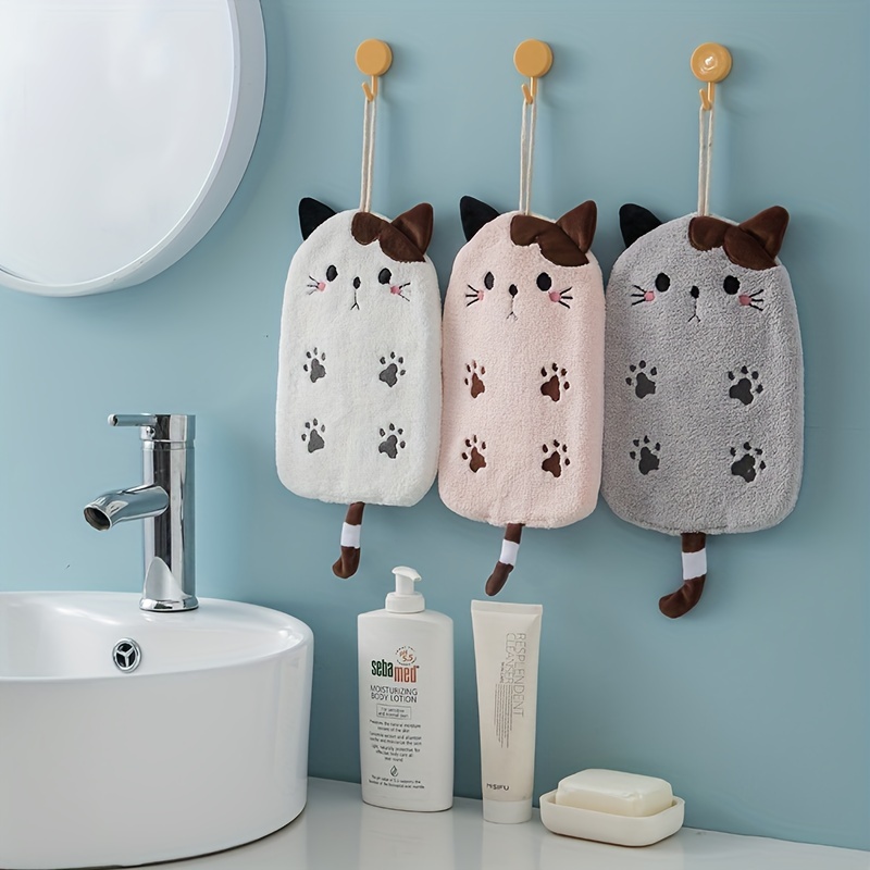 Hand Towels Coral Fleece Hanging Cute Cat Hand Towels Kitchen