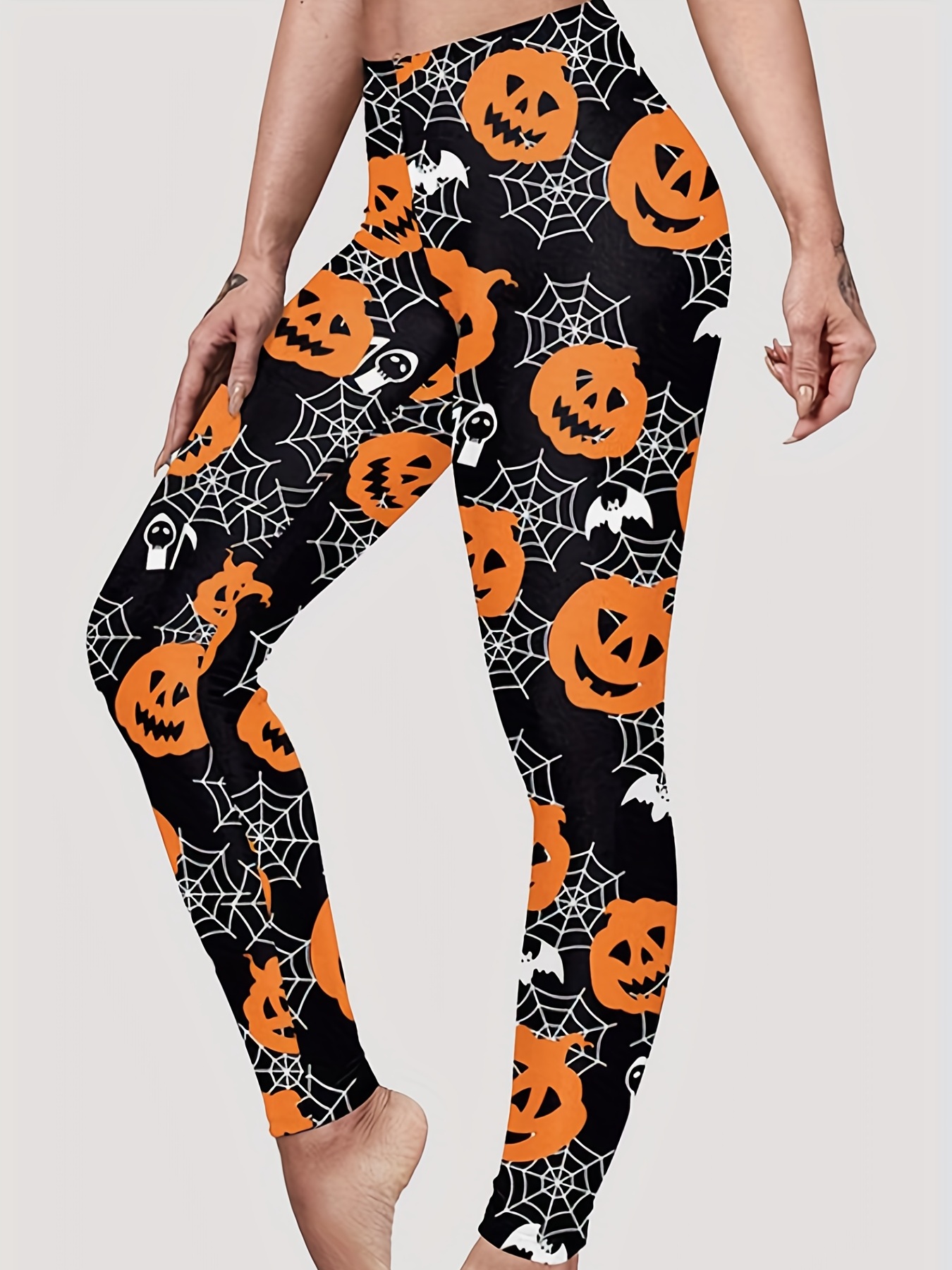 Halloween Spider Web Print Skinny Leggings, Casual Elastic Waist Stretchy  Leggings, Women's Clothing