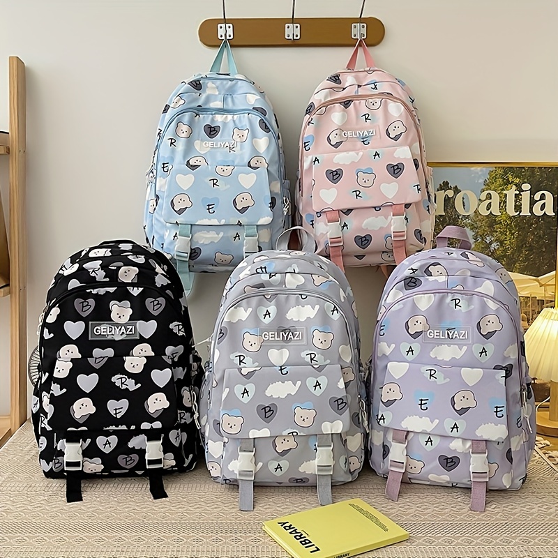 Fashionable Casual Canvas Backpack With Letter Print And Cute Bear Pattern,  School Bag