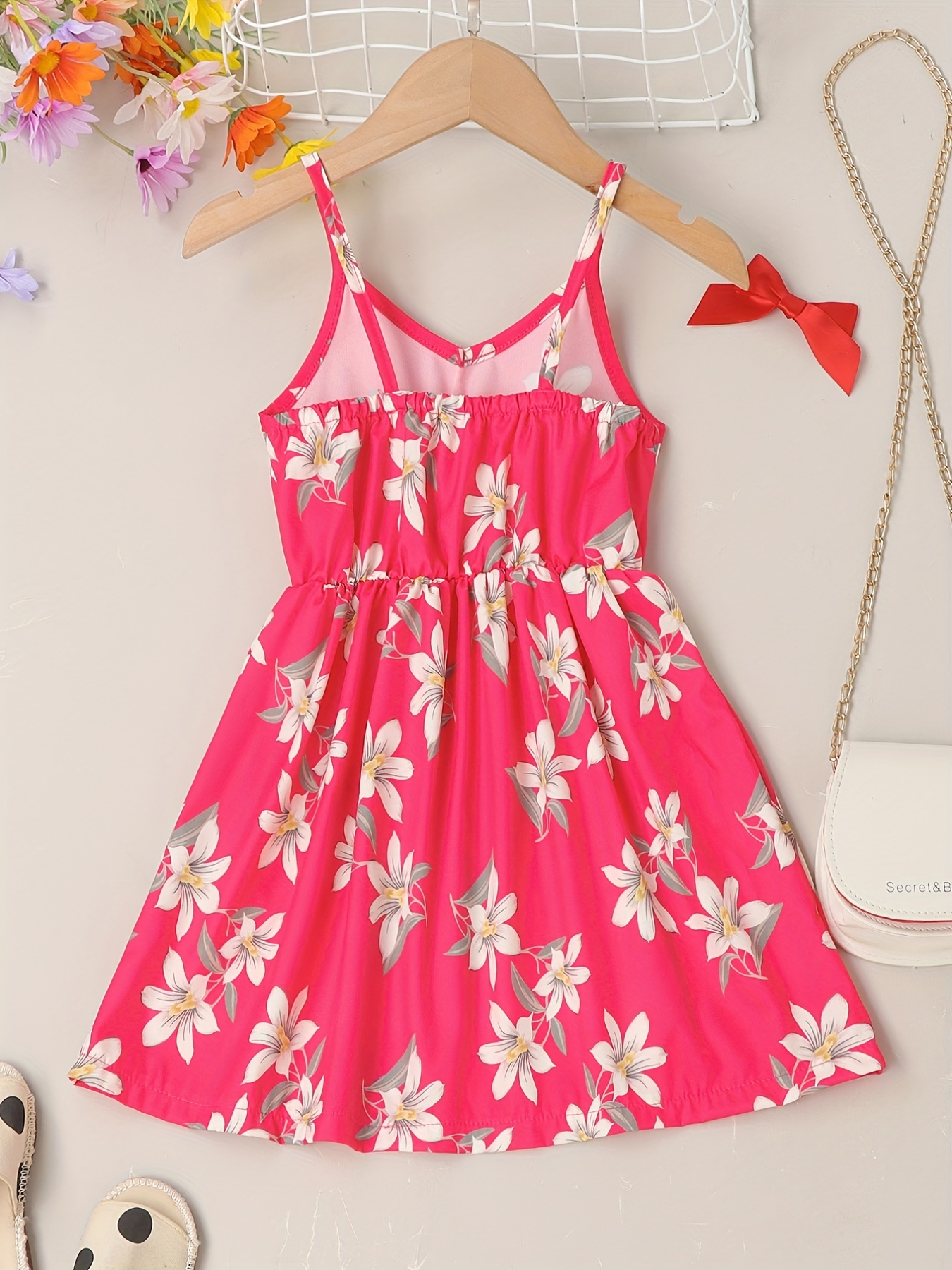 little girls cute sundress floral pattern party beach dress v-neck elastic waist camisole dress for summer rose red 1