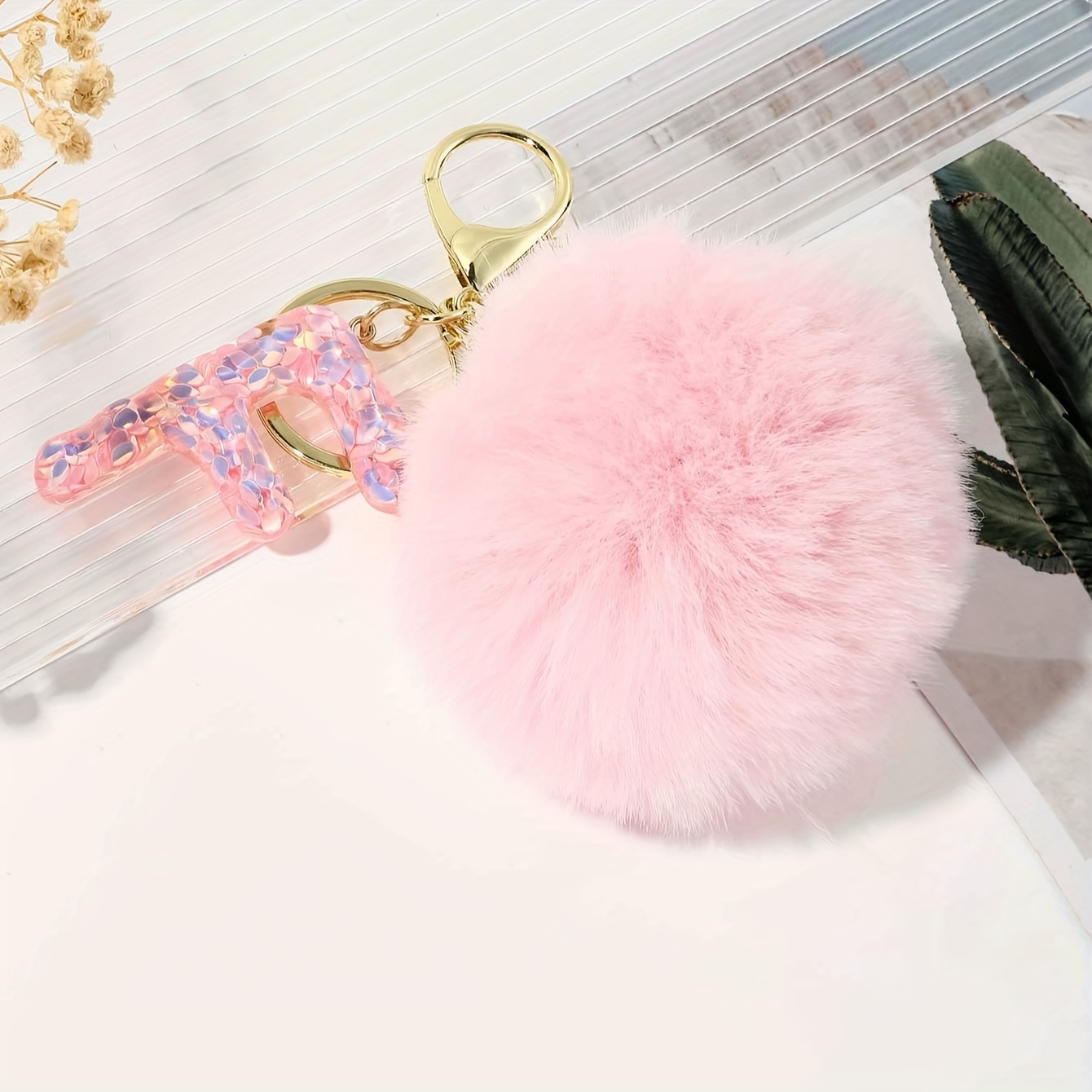 Alphabet Initial Letter R Pom Pom Keychain Cute Plush Key Chain