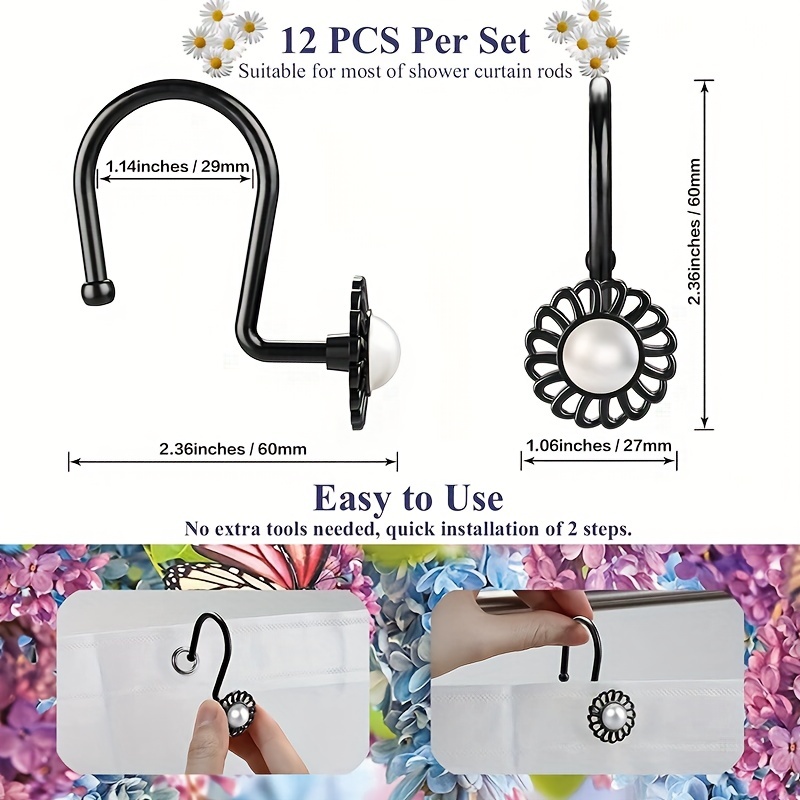 Brass Shower Curtain Hooks Rings, Decorative Shower Curtain Hangers, Heavy  Duty Metal Shower Rings, Sunflower Shower Hooks for Shower Curtain Rod and