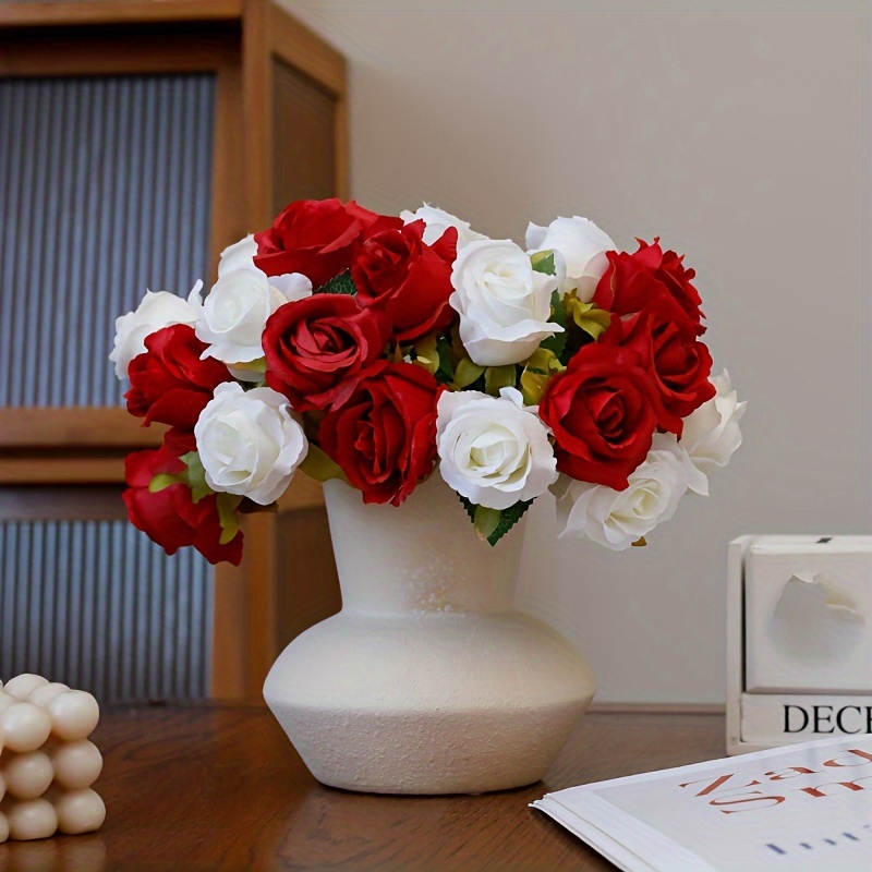 Flores artificiales de seda, ramos de rosas de seda, decoración con jarrón  de cerámica para mesa, hogar, oficina, boda (brote rosa)