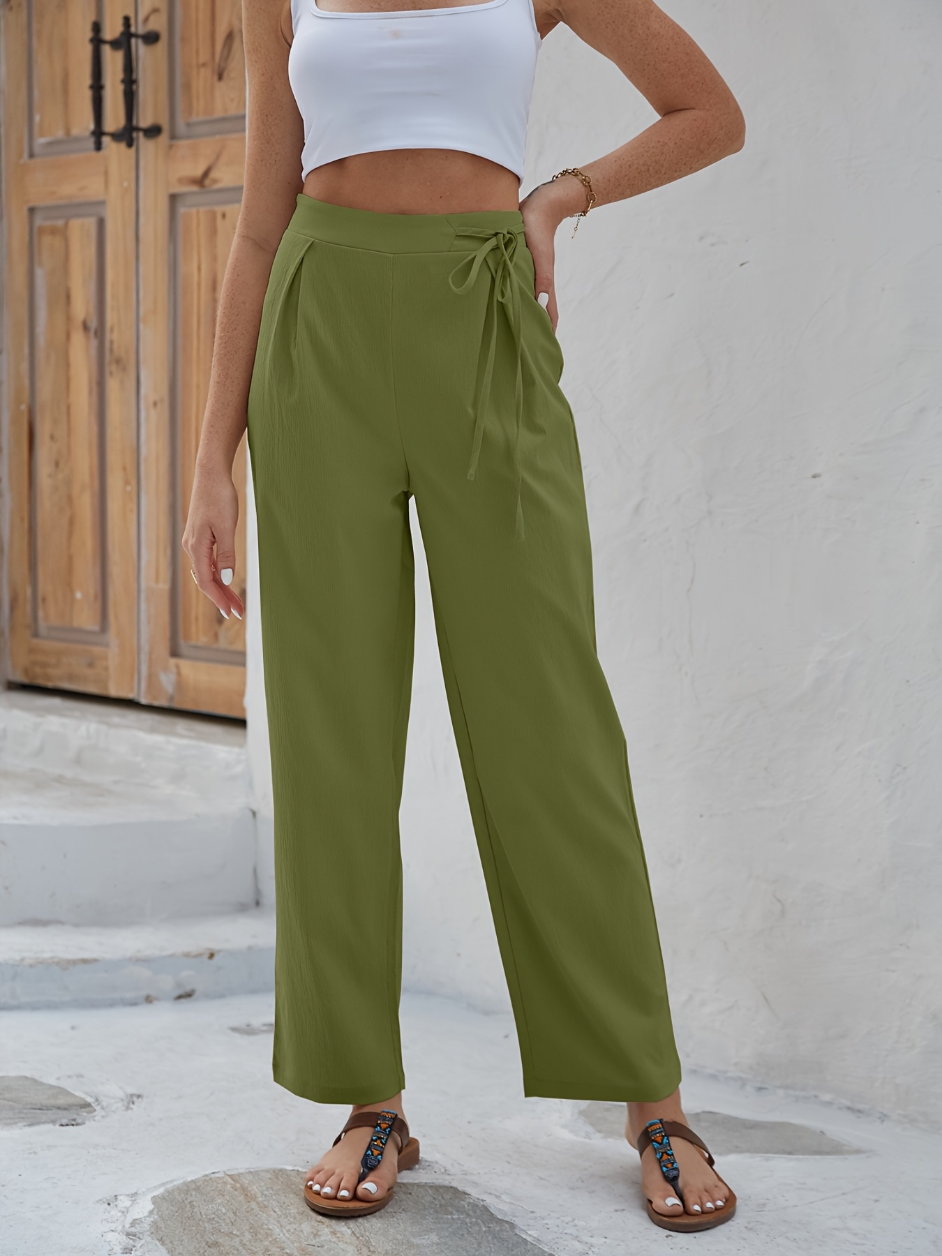 Spring Women Green High Waist Wide Leg Pants Ladies Suit Pants