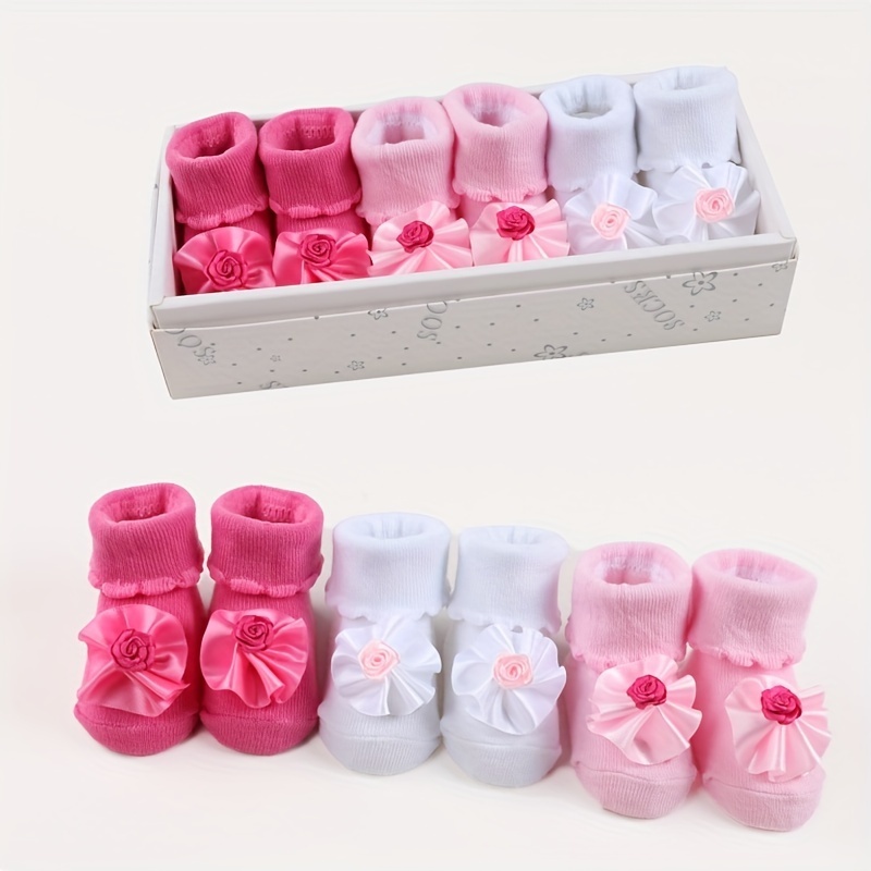 

3pairs Baby Girls Cute Casual Flower Knit Socks, Elastic Comfortable Breathable Newborn Baby Socks