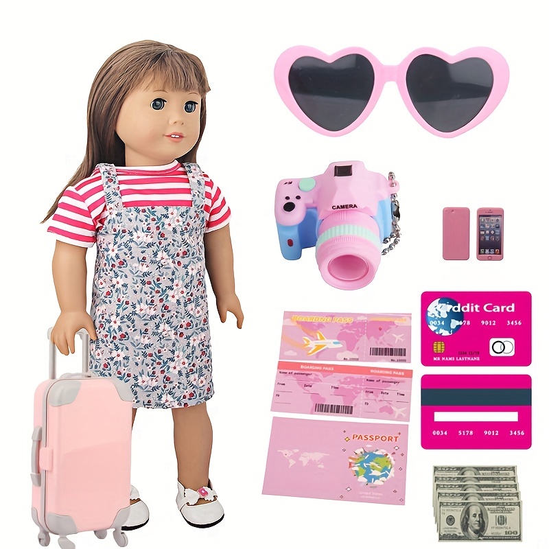 Maleta de viaje de muñeca con accesorios, Juego de viaje para muñecas de 18  pulgadas con almohada de viaje, pasaporte y accesorios.