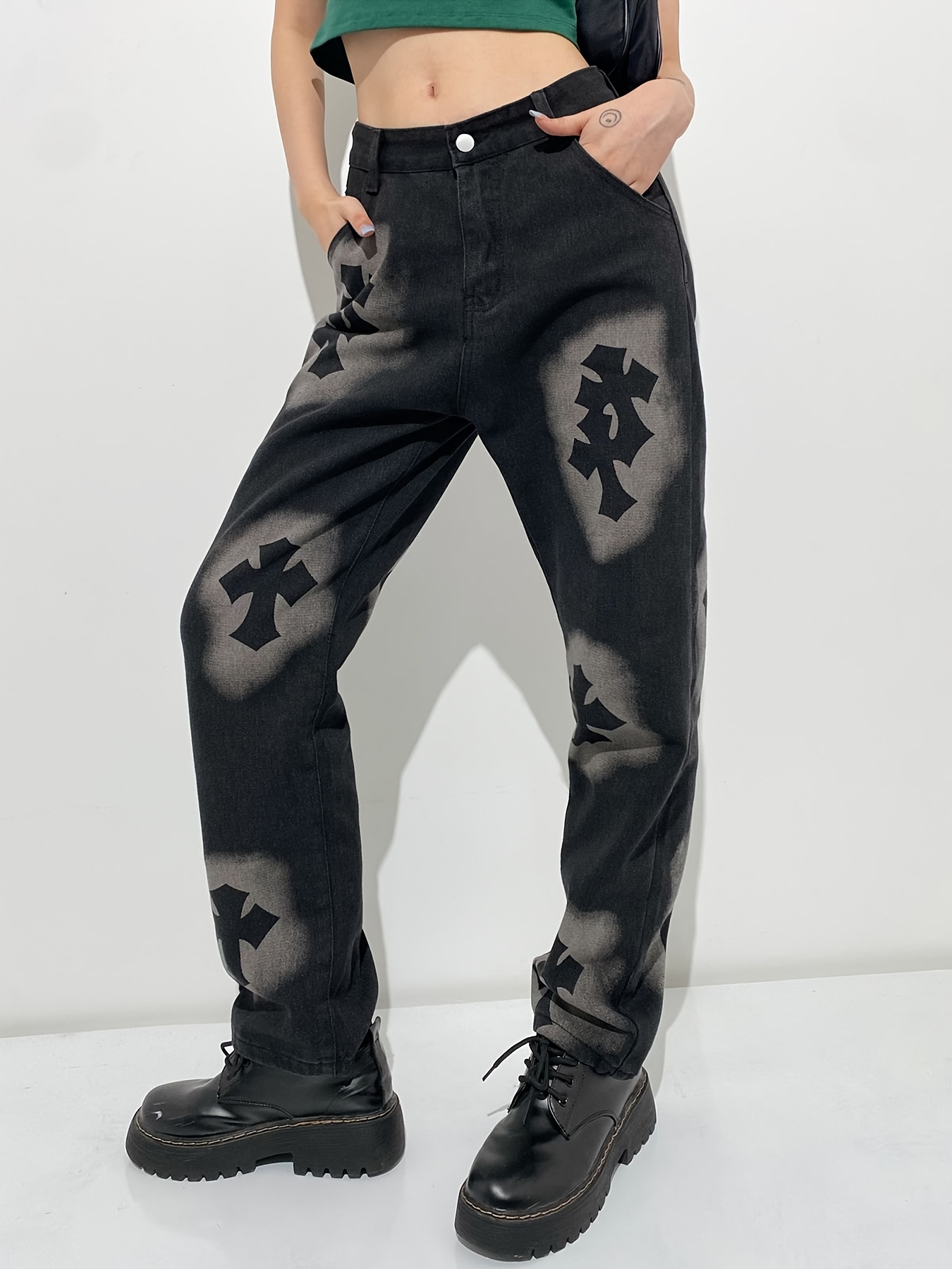 Punk Cross Pattern Straight Jeans Loose Fit Slant Pockets - Temu