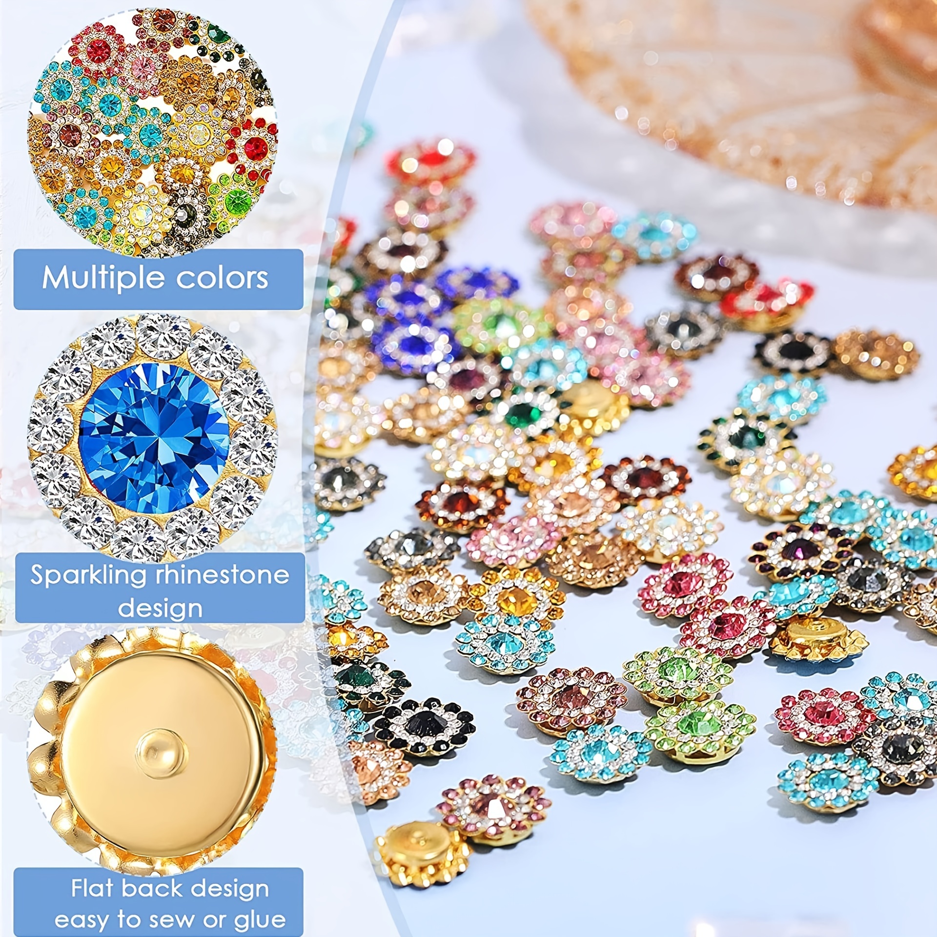 100pcs Multicolor Crystal Flower Shape Rhinestone Buttons Sew On