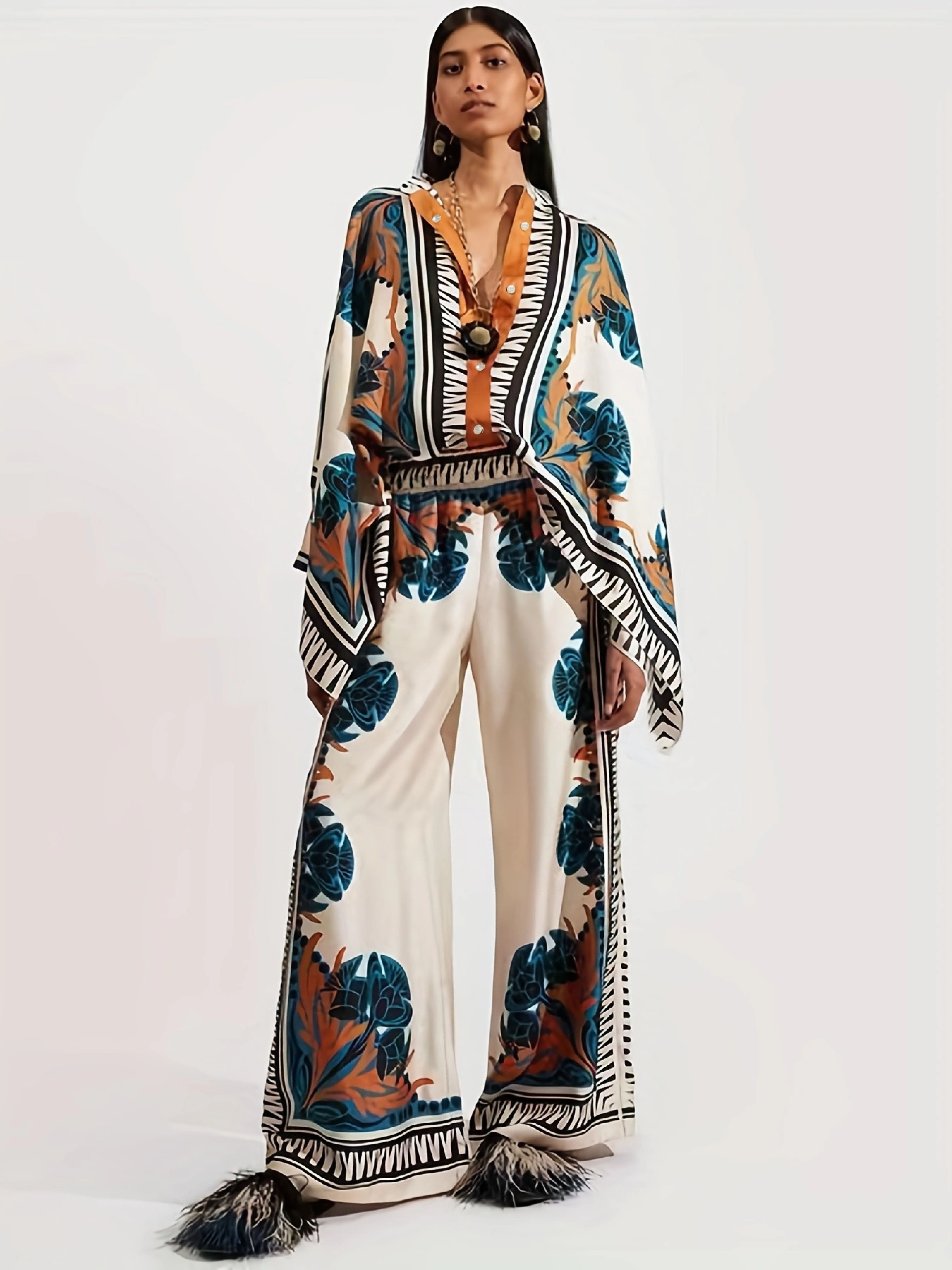 Abstract Print Hippie Two-piece Set, Tie Front Flared Sleeve Tops & Flared  Leg Long Length Pants Outfits, Women's Clothing