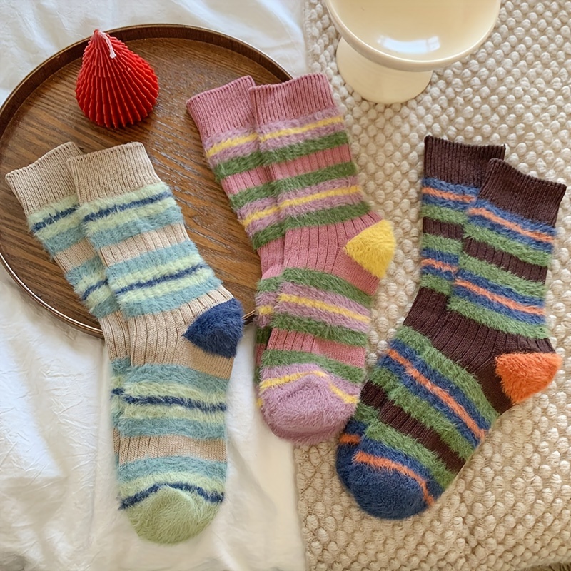 Striped Fuzzy Socks Comfy Warm Tube Socks Women's - Temu