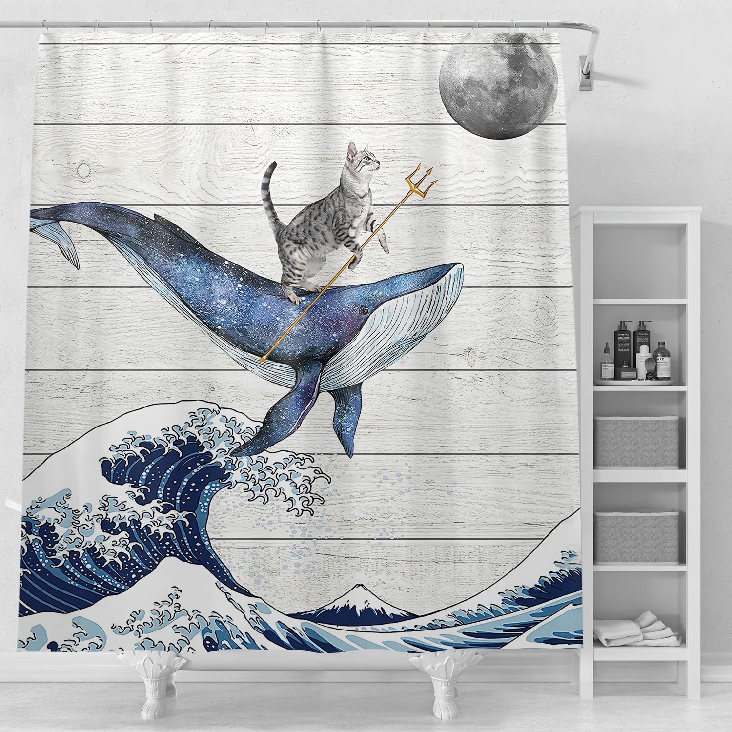1pc Funny Whale Cat Printed Shower Curtain, Waterproof Shower Curtain With  Hooks, Decorative Bathtub Partition Curtain, Bathroom Accessories, Bathroom