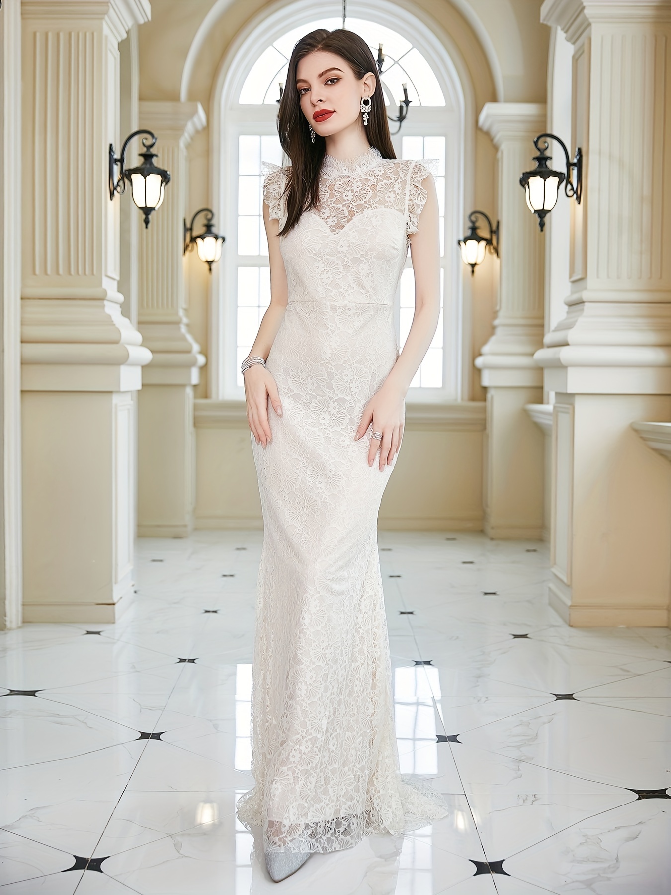 Contrast Lace V Neck Wedding Dress Elegant Short Sleeve Maxi - Temu