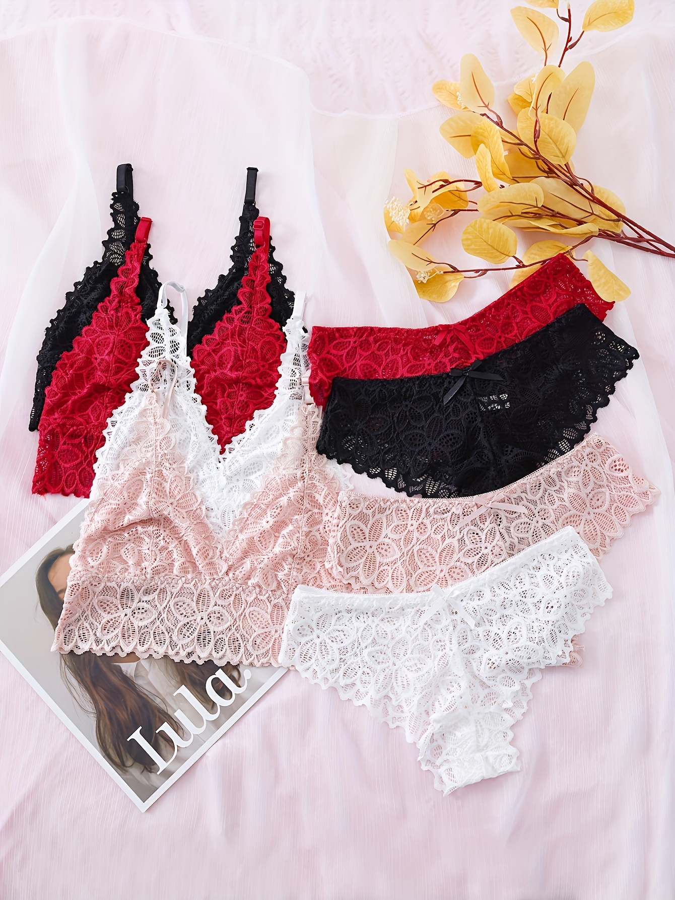 Solid Floral Lace Heart Linked Semi Sheer Bra Panty Criss - Temu