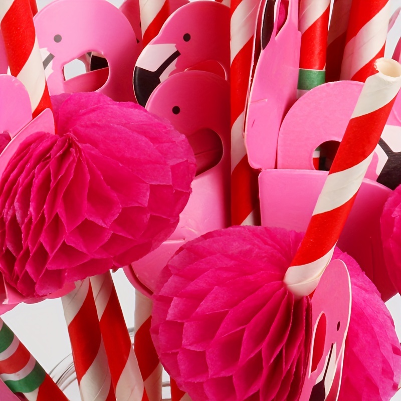 Pink Flamingo Paper Straw Decor - Party Like A Pineapple - Tropical Summer Striped Decorative Straws - Set of 24