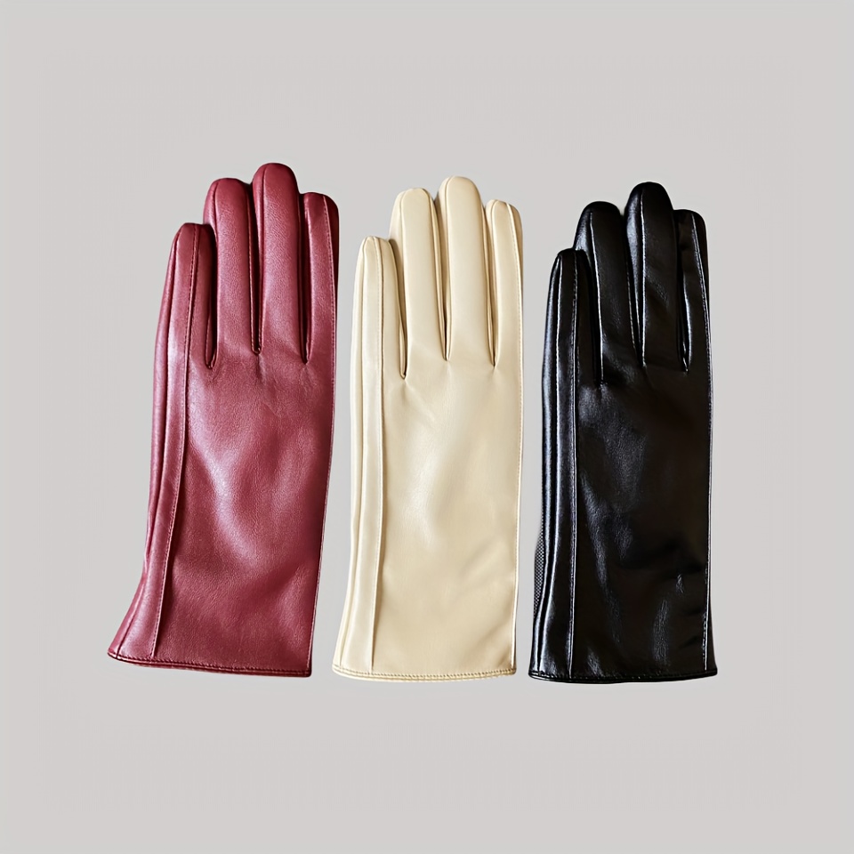 Winter PU Leather Gloves Solid Color Basic Plush Lined Warm Gloves Outdoor Driving Windproof Warm Women's Gloves details 0