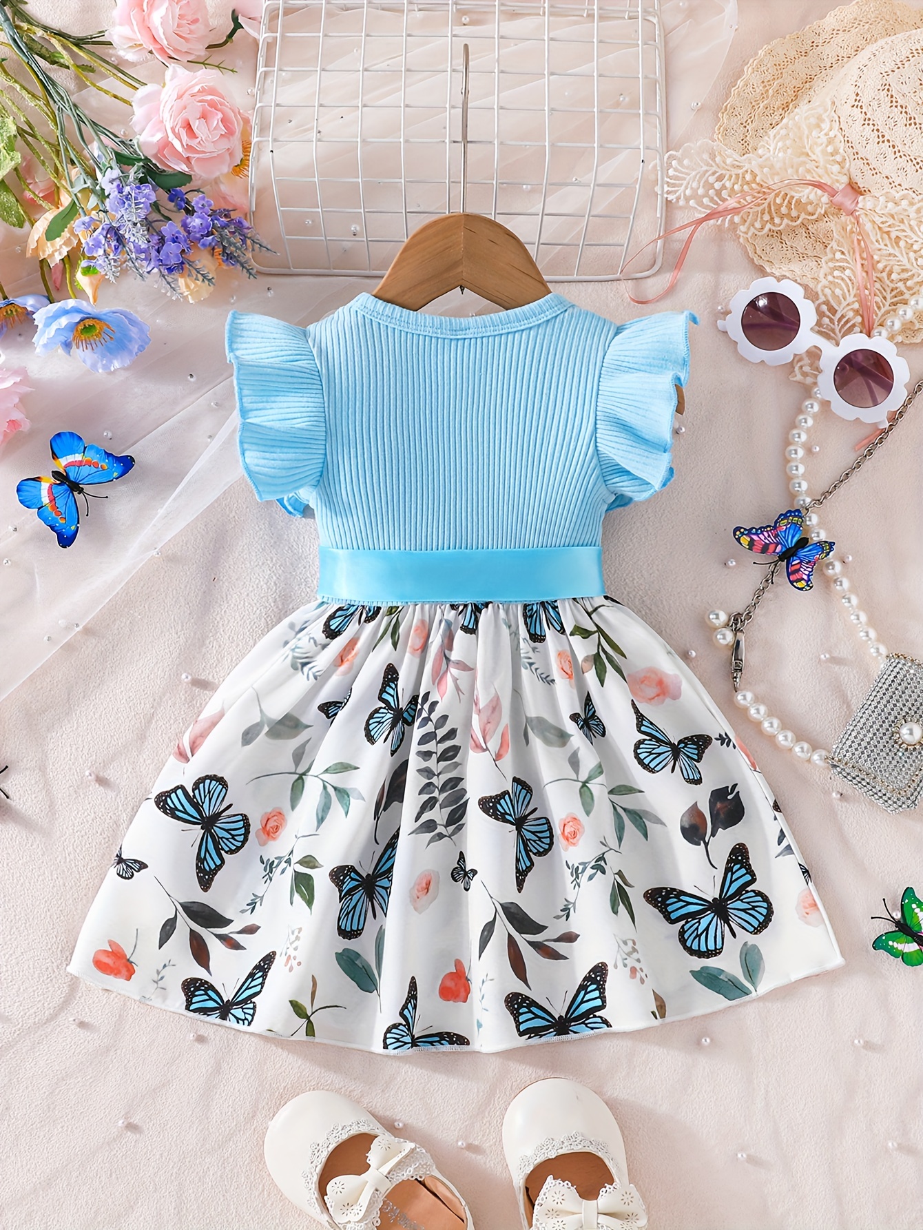 Infant Baby Girls Temperament Elegant Summer New Explosive Rose Butterfly  Pattern Printing Small Flying Sleeve Round Neck Dress With Hairband  Combination Clothes