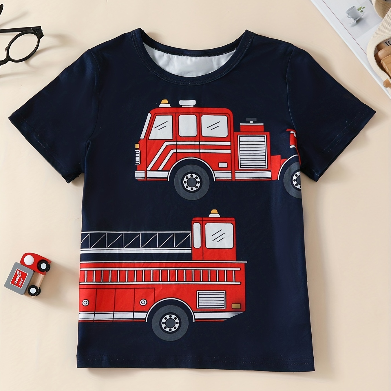 

Cartoon Fire Truck Print T Shirt, Tees For Kids Boys, Casual Short Sleeve T-shirt For Summer Spring Fall, Tops As Gifts