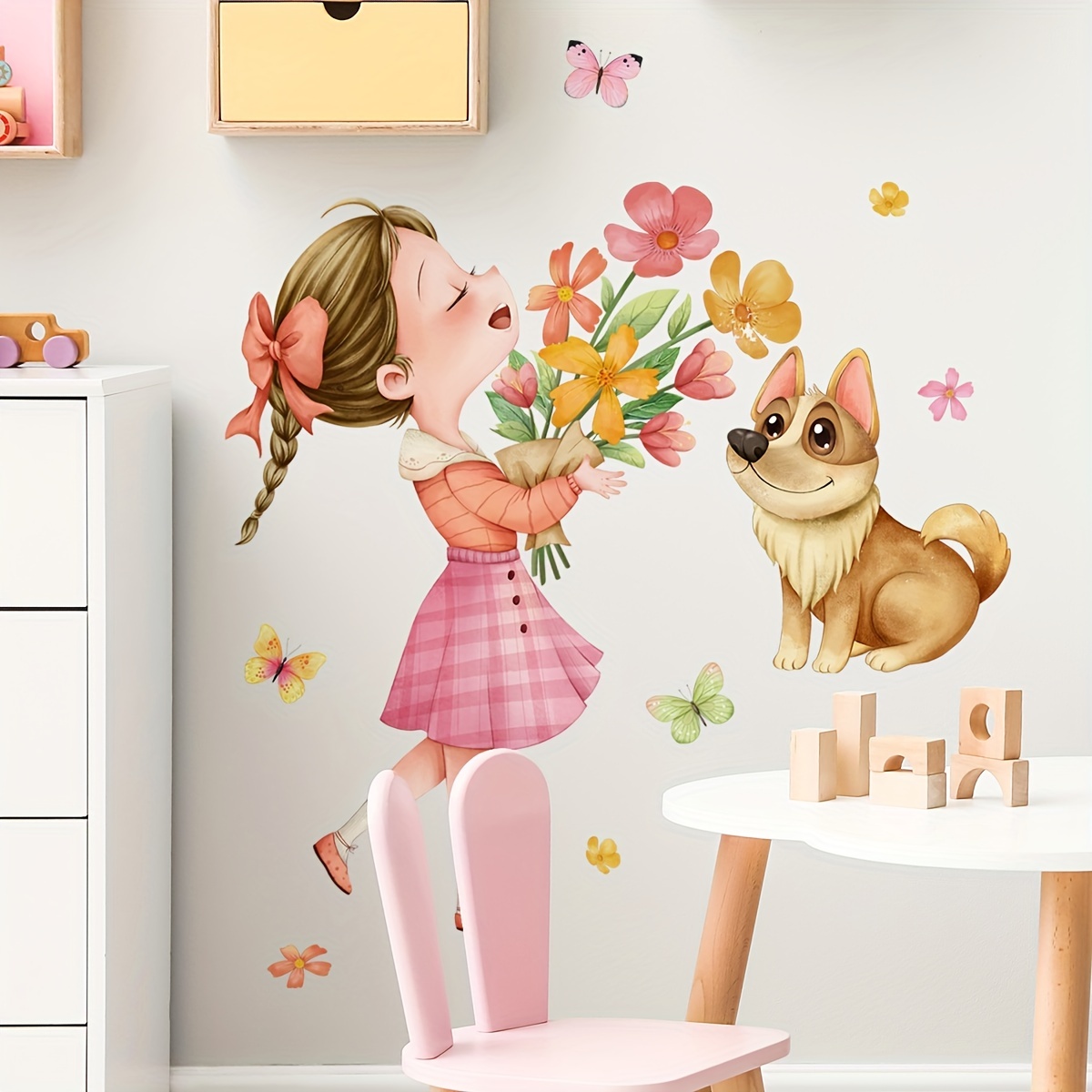 Flower Girl Butterfly Flower Art Kids Girl Bedroom Decor Wall